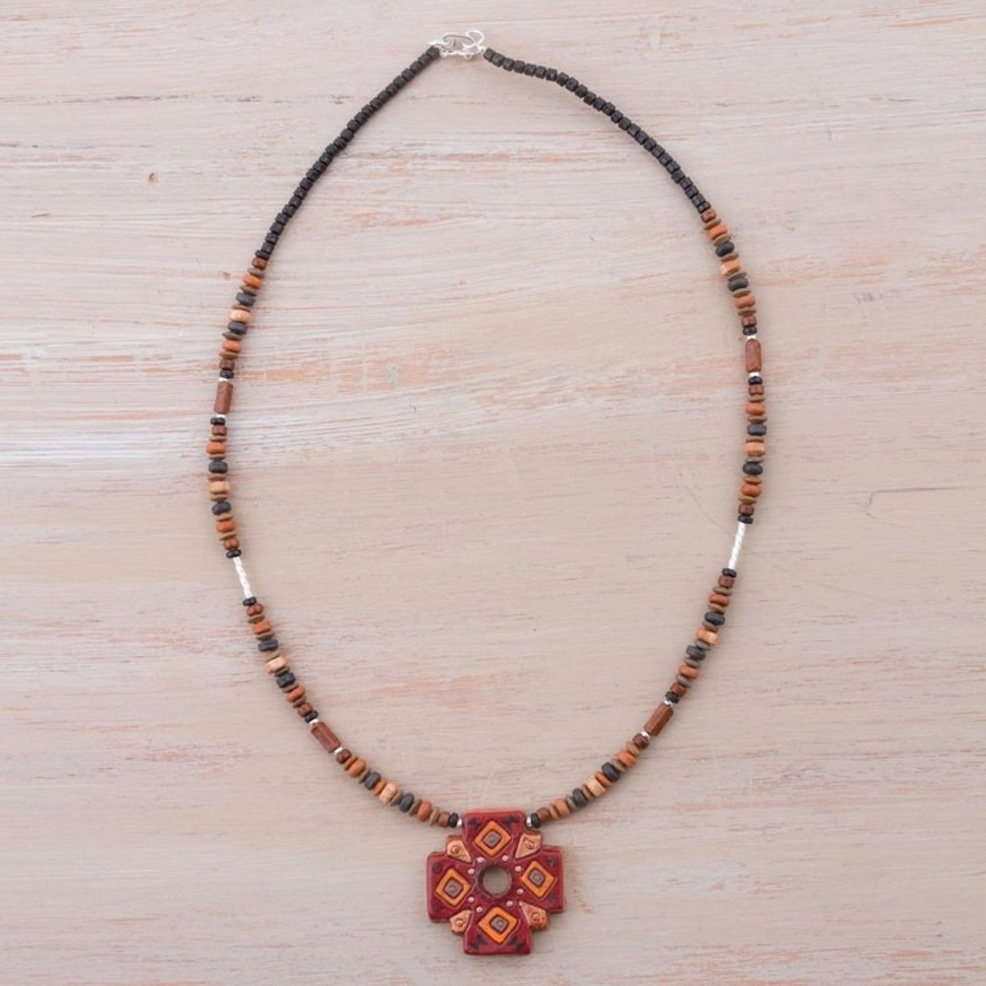 Sterling Silver and Ceramic Cross Necklace from Peru 'Andean Cross'