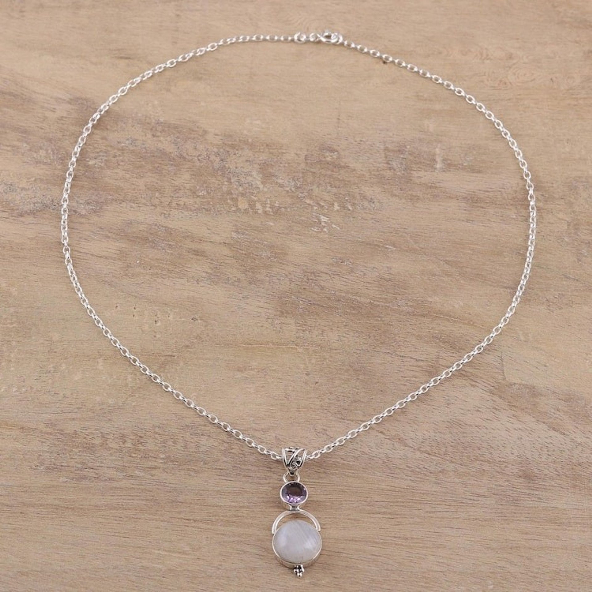 Sterling Silver Rainbow Moonstone Amethyst Pendant Necklace 'Alluring Serenity'