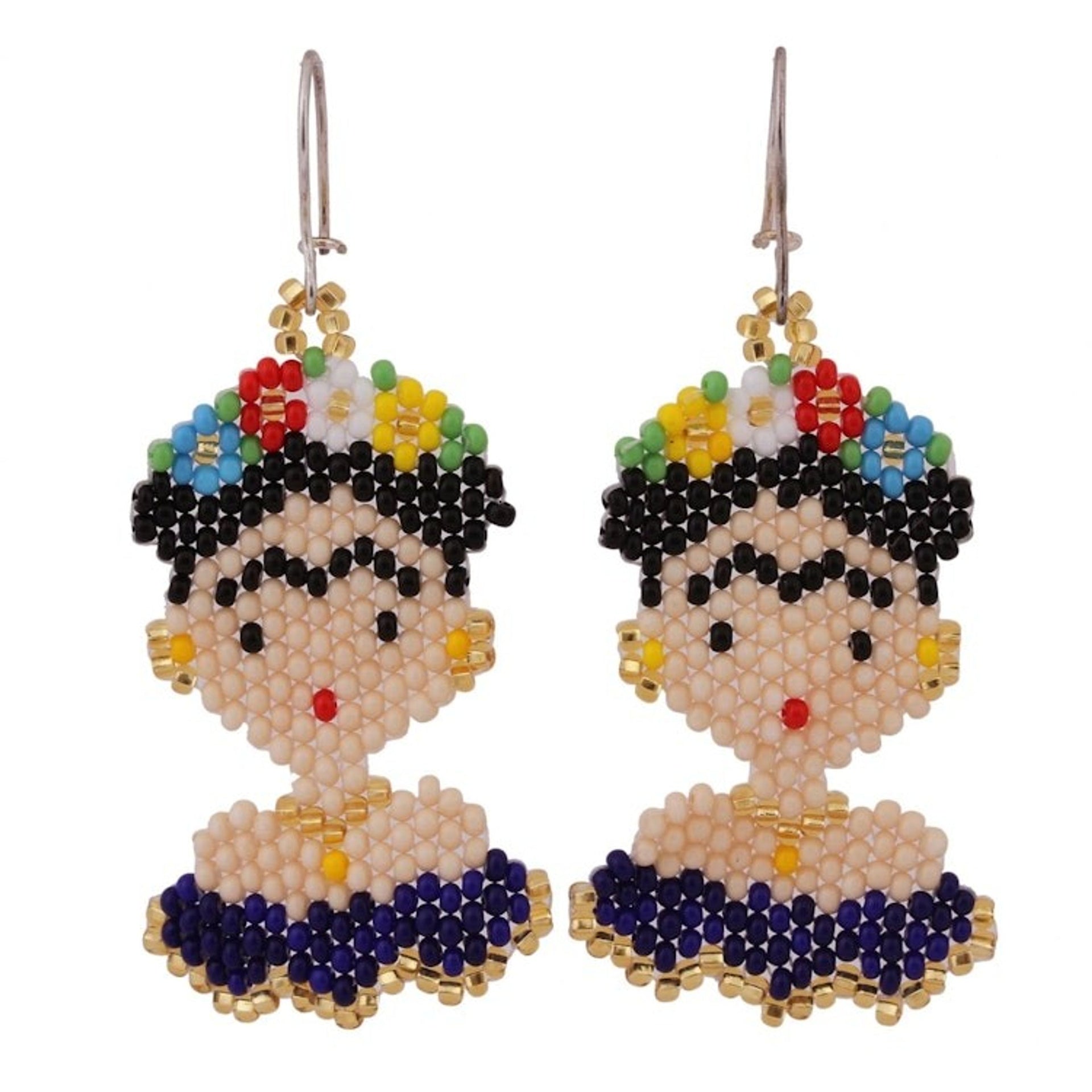 Glass Beaded Frida Dangle Earrings in Blue from Mexico 'Blue Frida'
