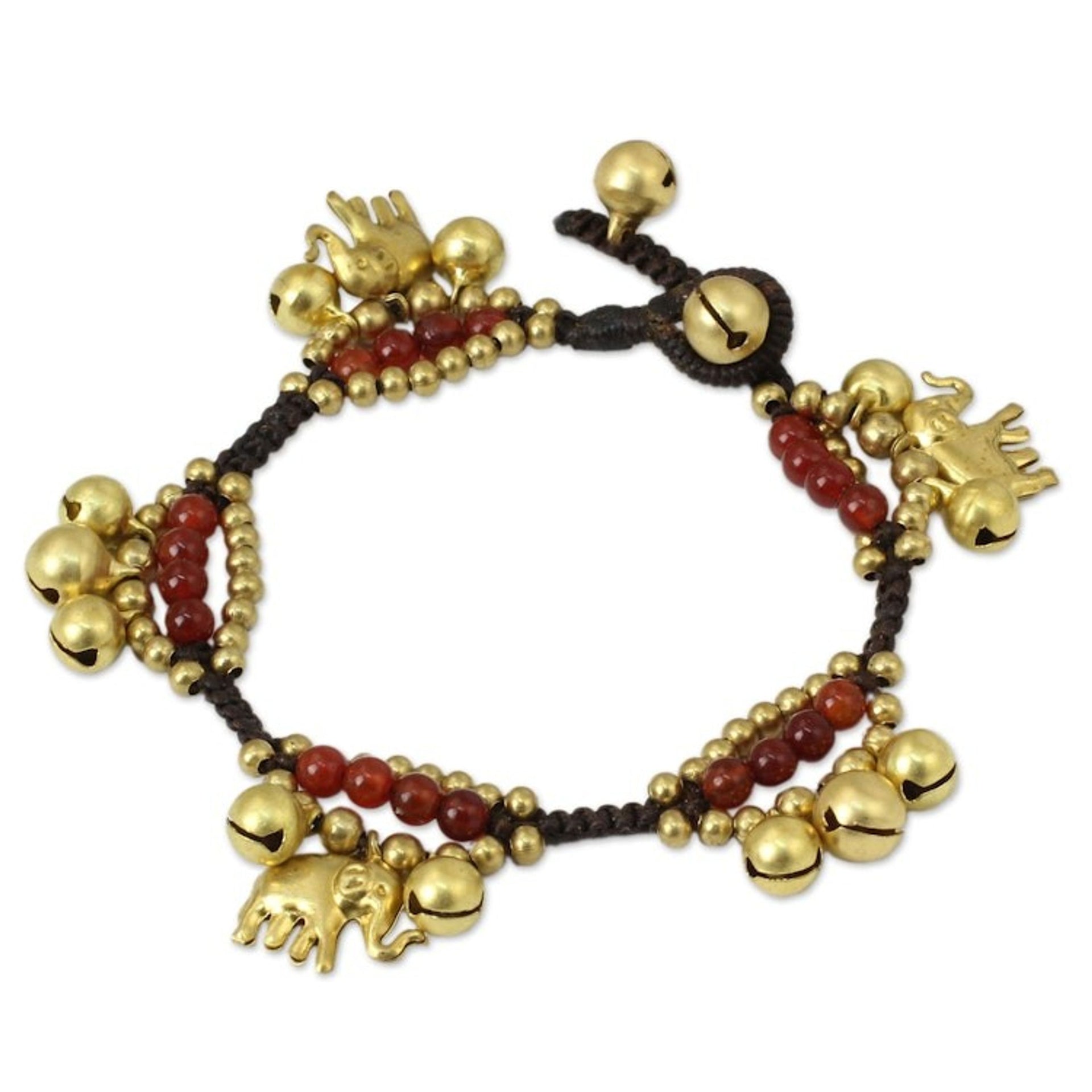 Elephant and Bell Charm Bracelet in Carnelian and Brass 'Fortune's Melody'