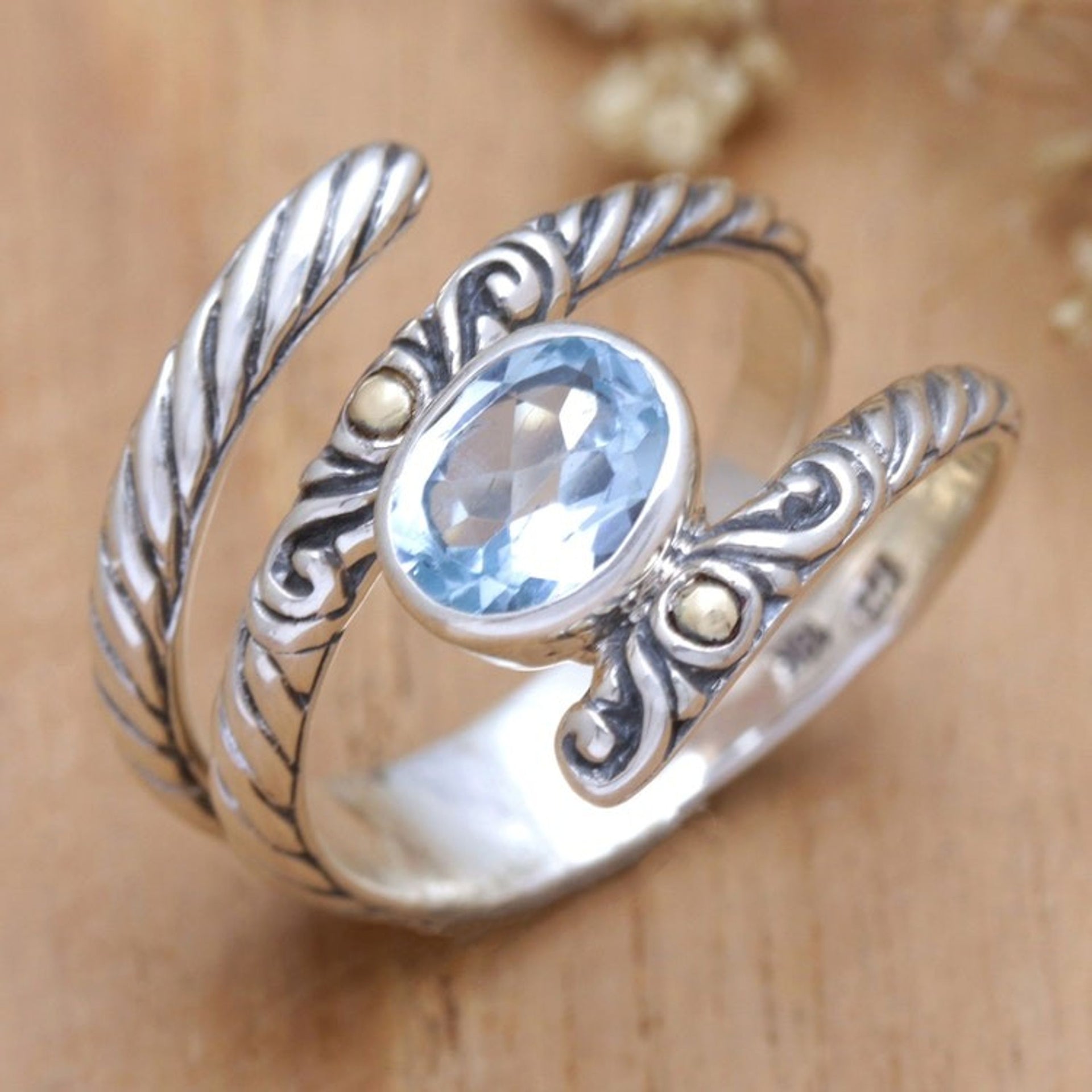 18k Gold-Accented Blue Topaz Cocktail Ring Crafted in Bali 'Radiant Glam'