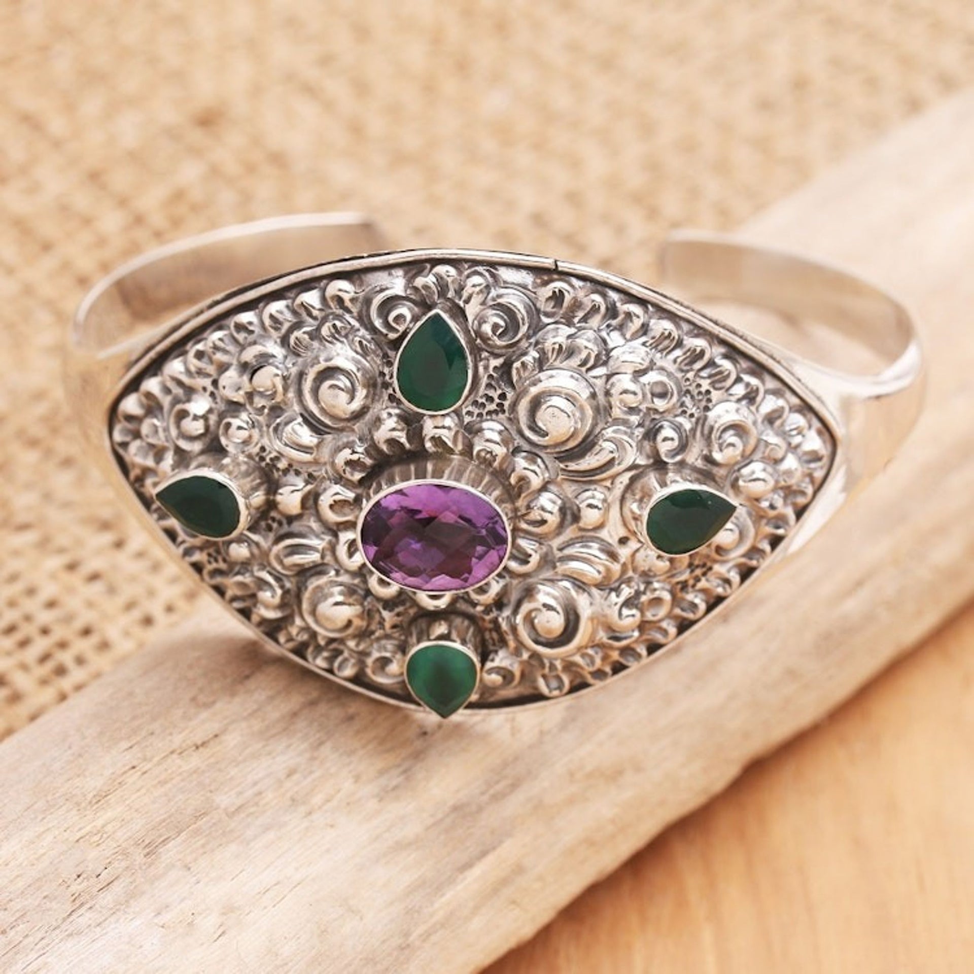 Green Quartz and Amethyst Cuff Bracelet from Bali 'Elephant Cave in Forest'