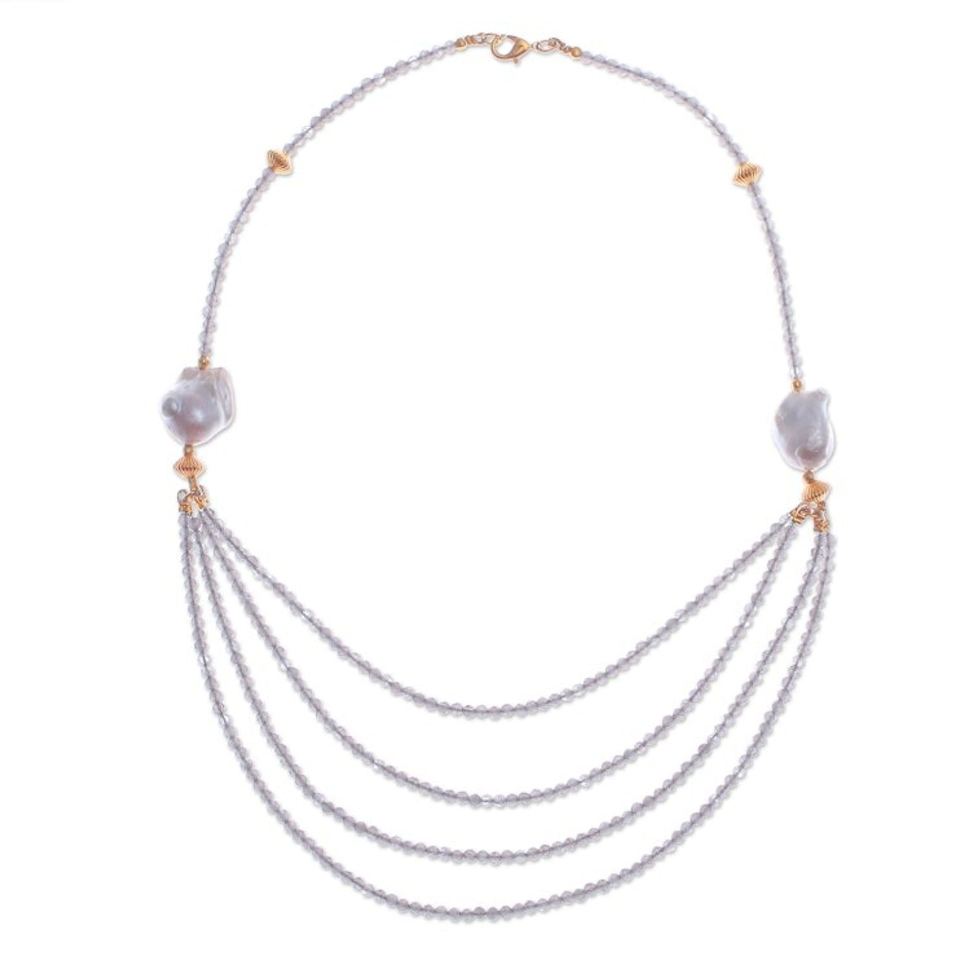 Gold-Accented Pearl and Smoky Quartz Pendant Necklace 'Icy Shores in Grey'