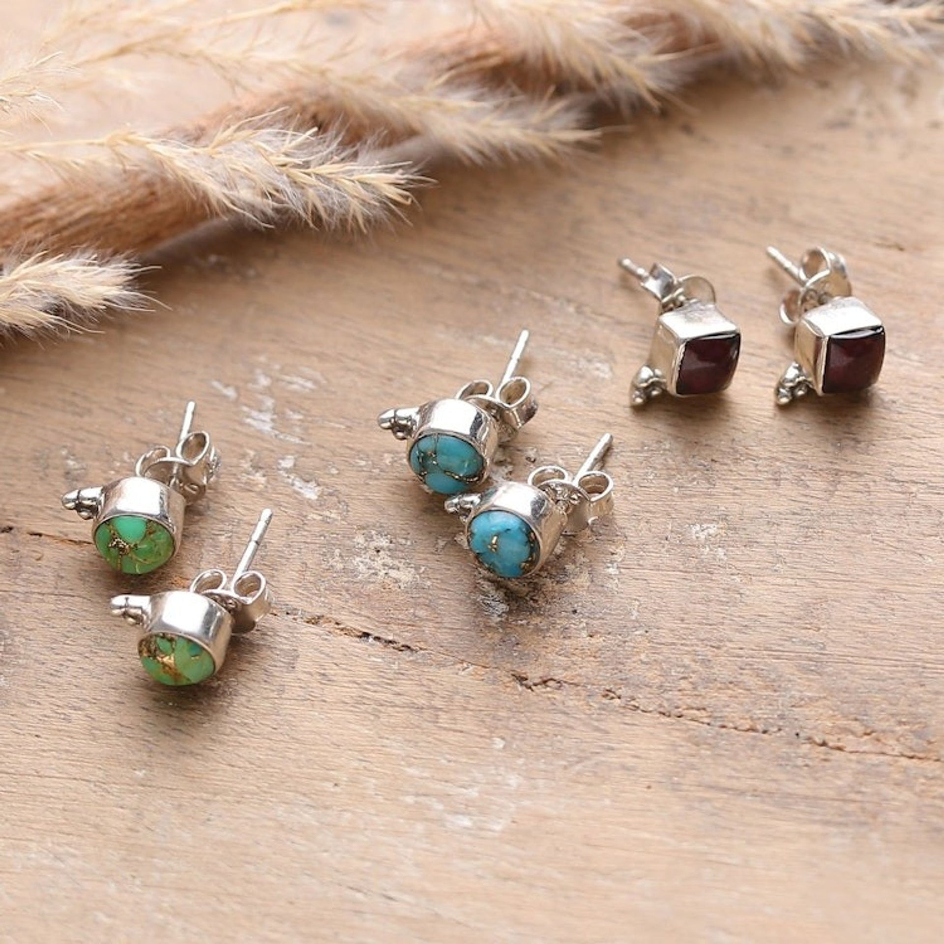 Set of 3 Composite Turquoise and Garnet Stud Earrings 'Primaveral Appeal'