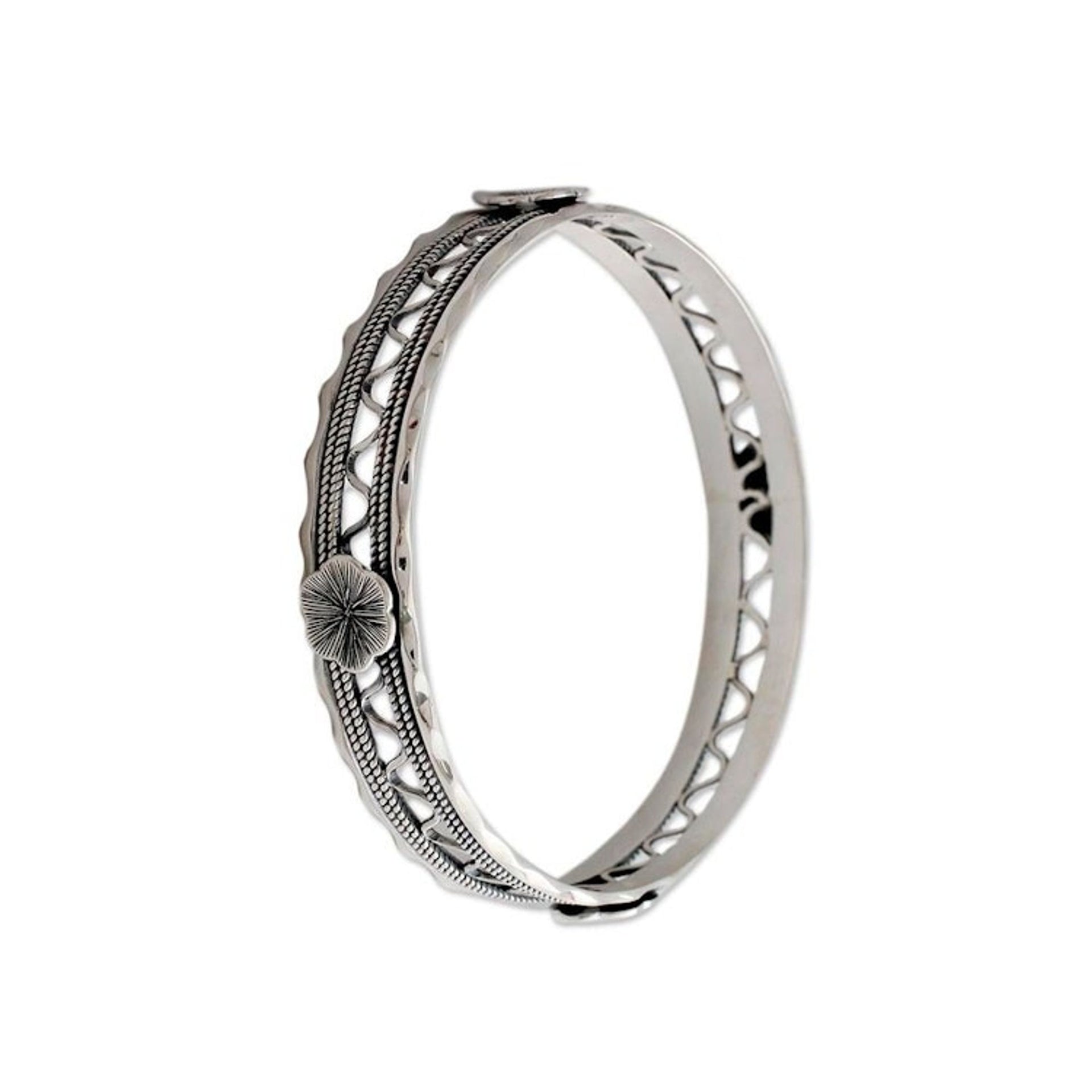 Floral Sterling Silver Bangle Bracelet from India 'Floral Wave'