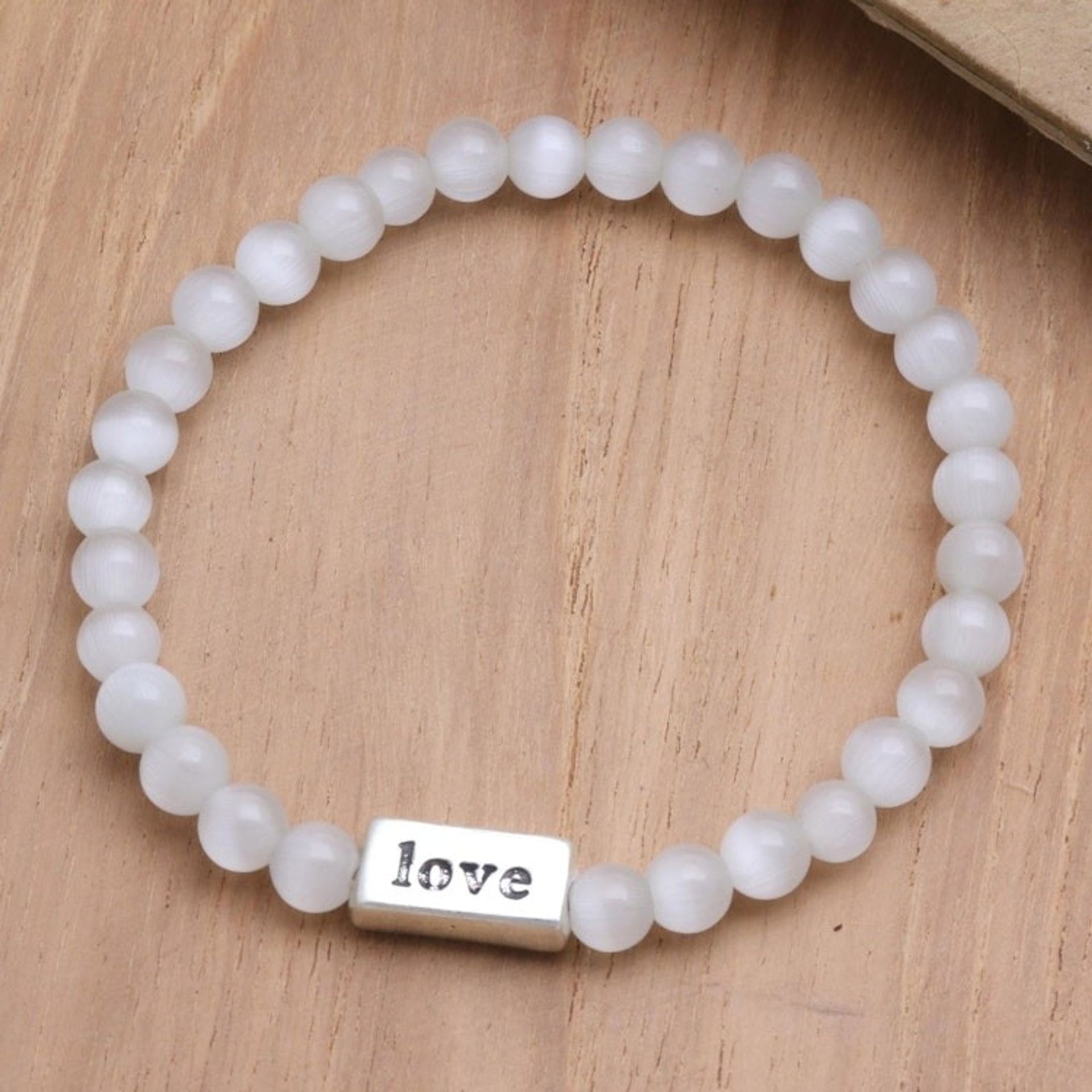 Quartz and Sterling Silver Stretch Bracelet 'Cherished One in White'