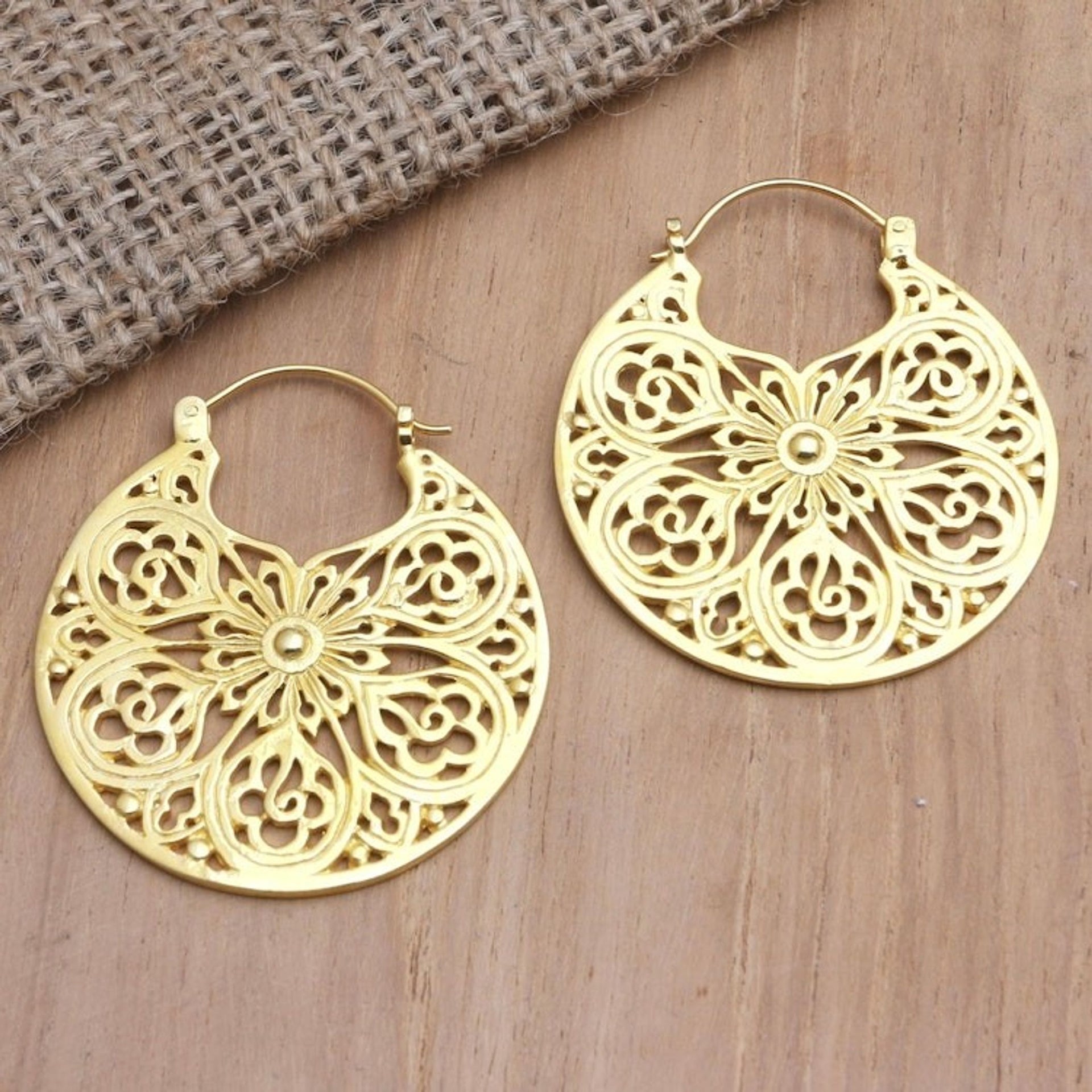 Artisan Crafted Gold-Plated Brass Hoop Earrings 'Smell the Roses'