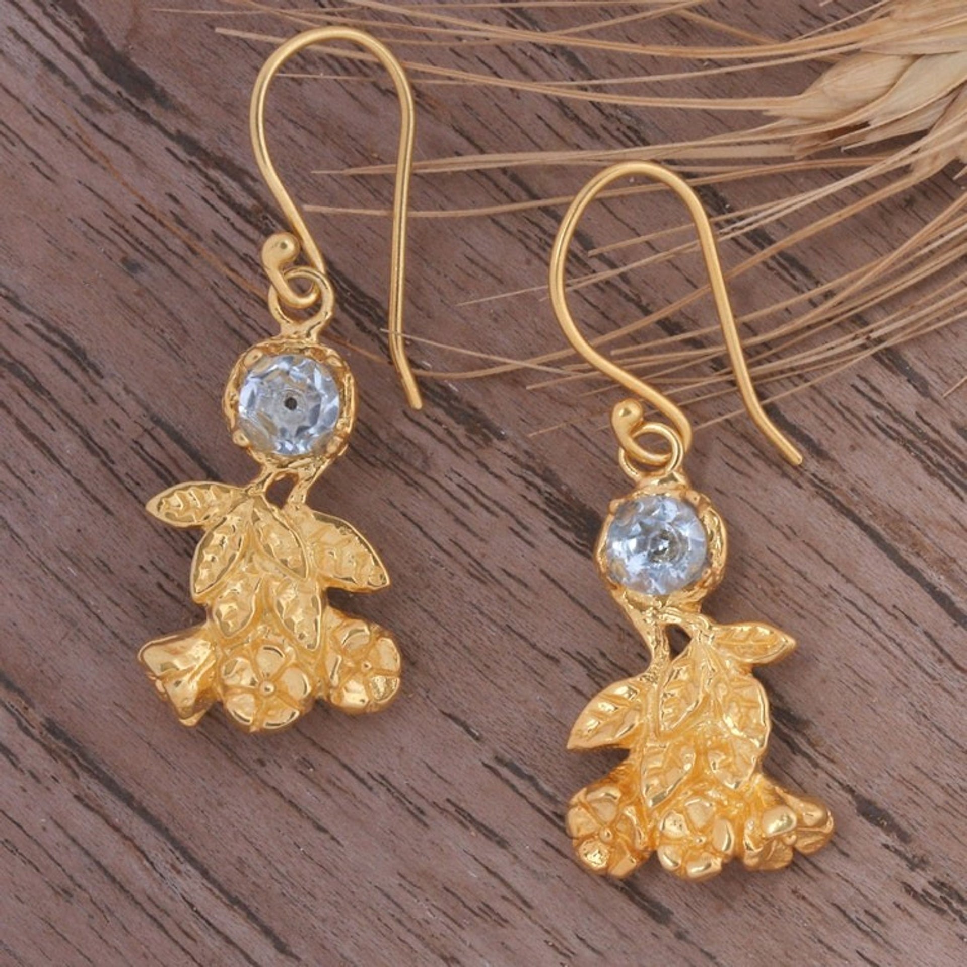 Leaf-Themed 22k Gold-Plated 1-Carat Topaz Dangle Earrings 'Leaf Victory'