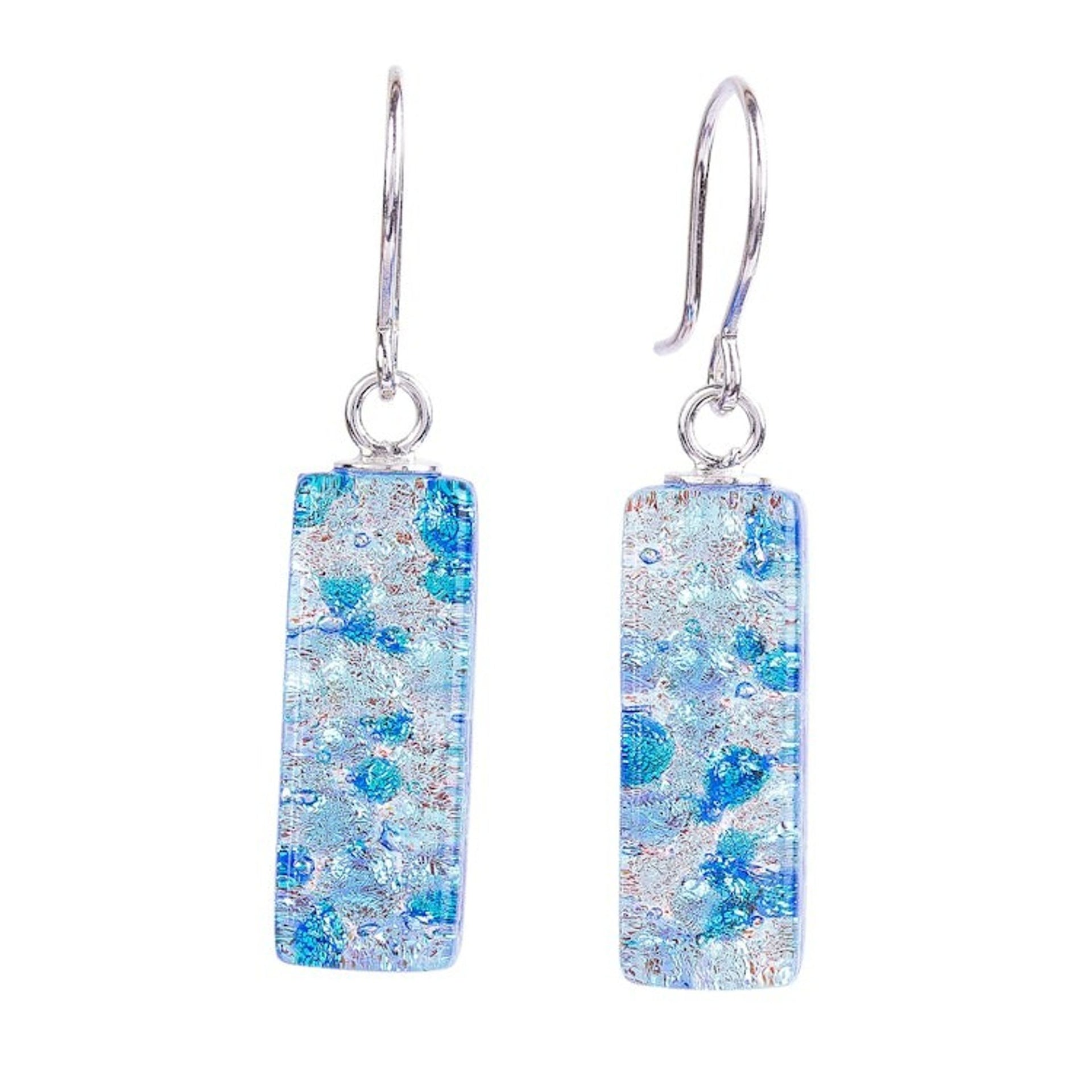 Dichroic Art Glass Icy Blue Necklace Earrings Set 'Crystalline Sky'