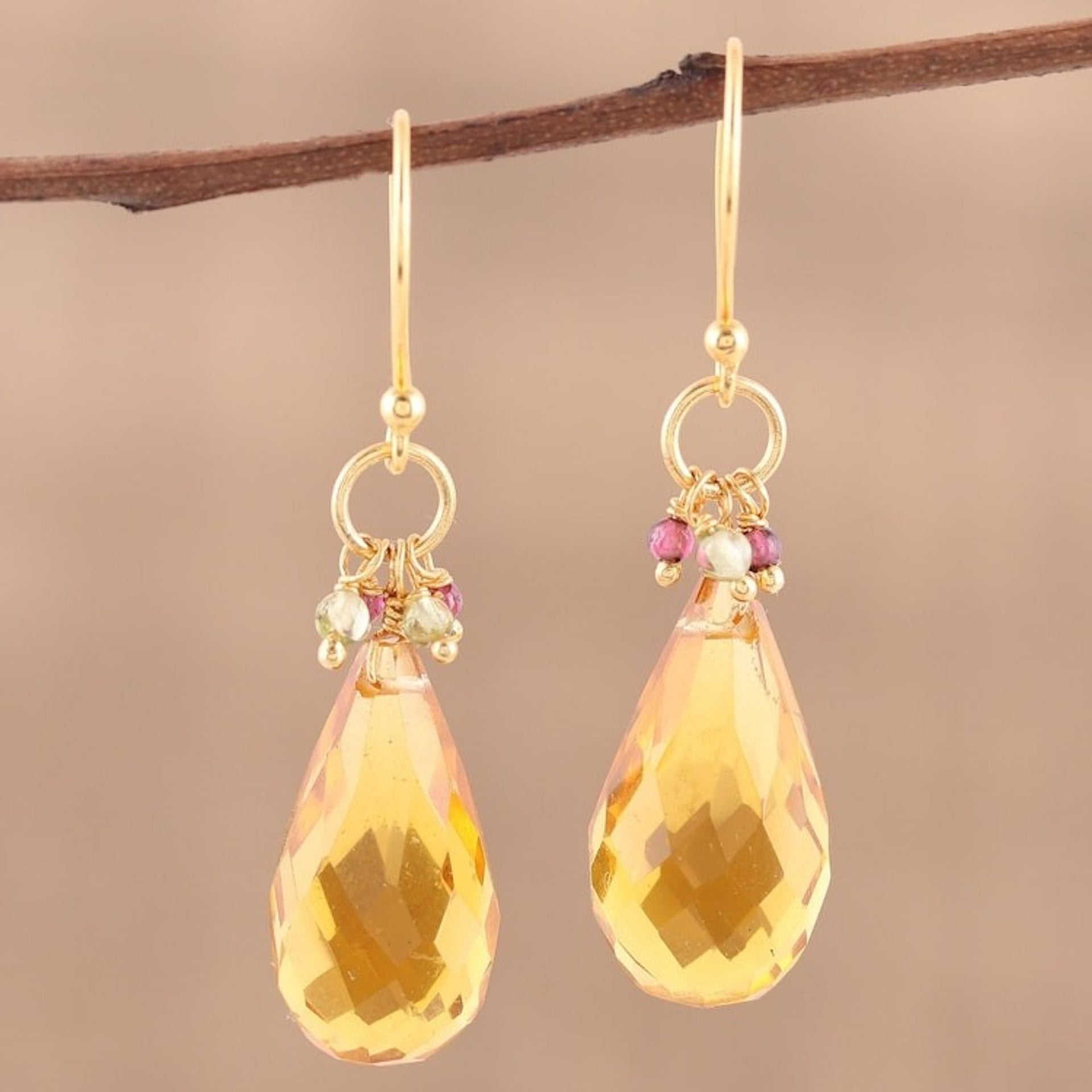 Handmade 22k Gold Plated Sterling Silver Gemstone Earrings 'Sunset Raindrops'