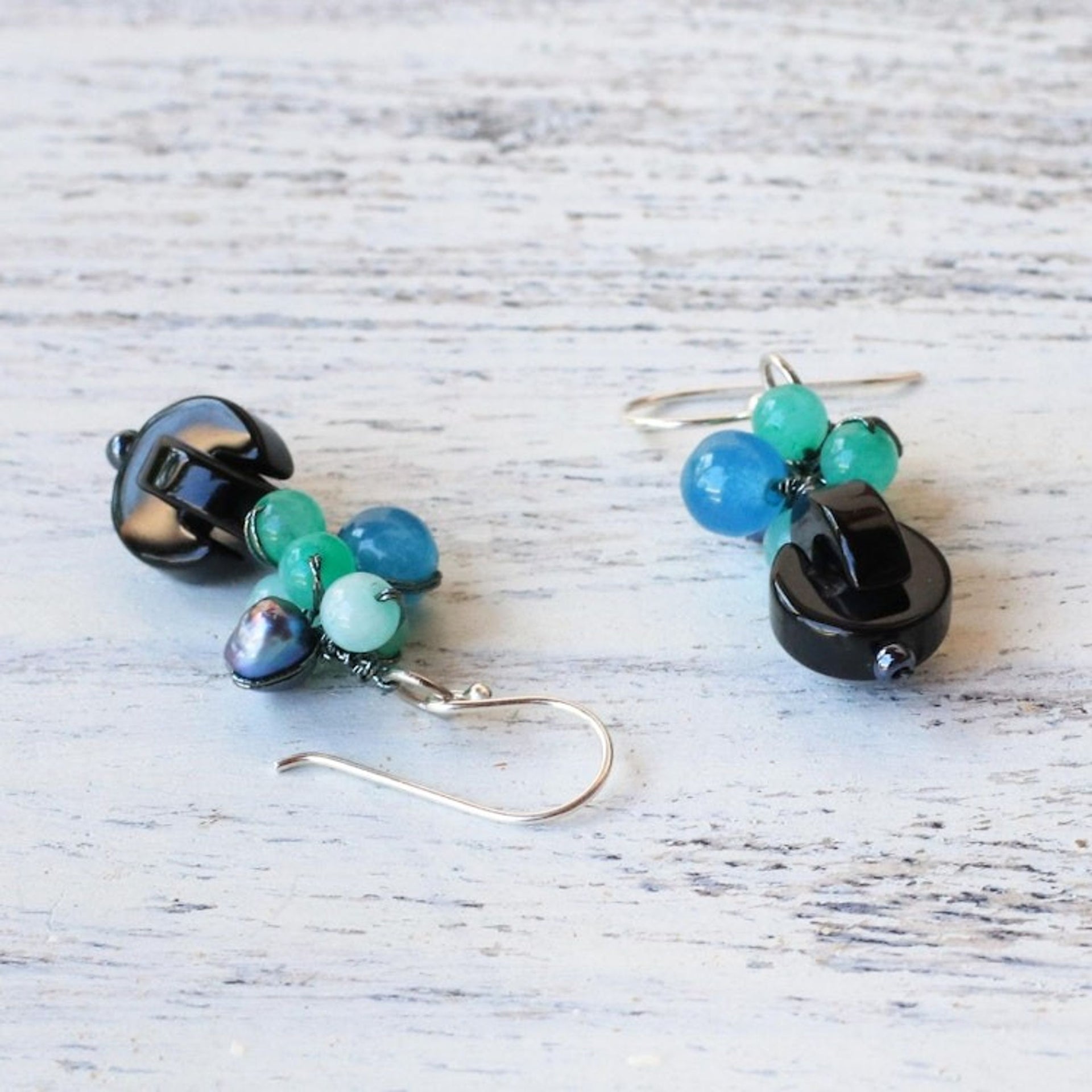Onyx Multi-Gemstone Dangle Earrings from Thailand 'Tidal Wave in Blue'