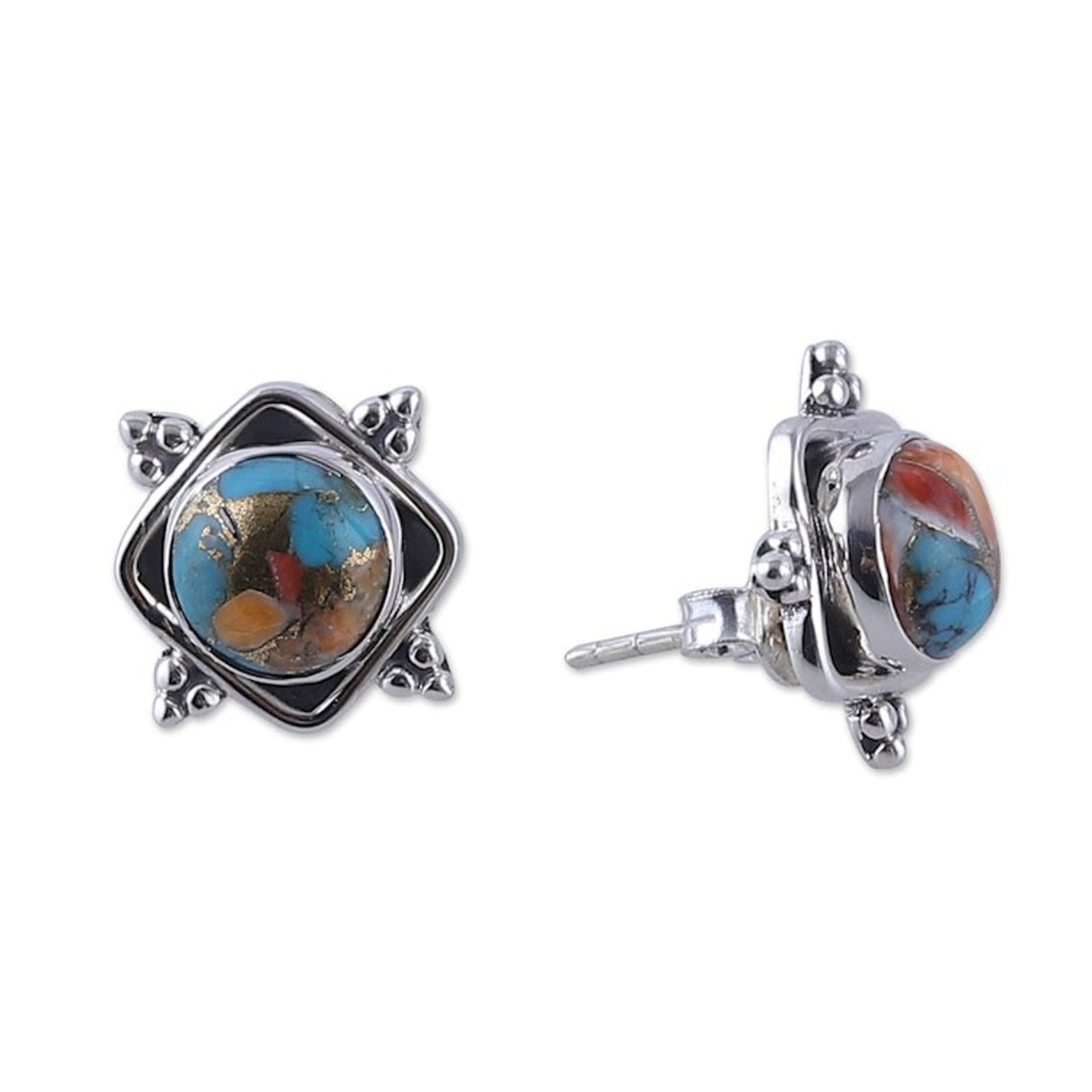 Indian-Made Reconstituted Turquoise Cabochon Button Earrings 'Paradise Marchioness'