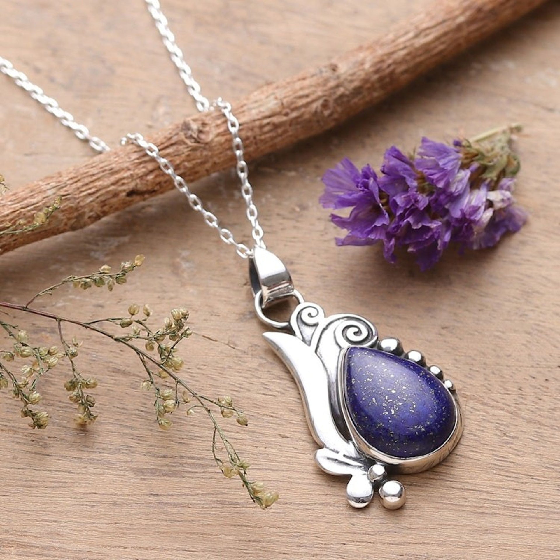 Leafy Polished Sterling Silver Lapis Lazuli Pendant Necklace 'Grand Blue'