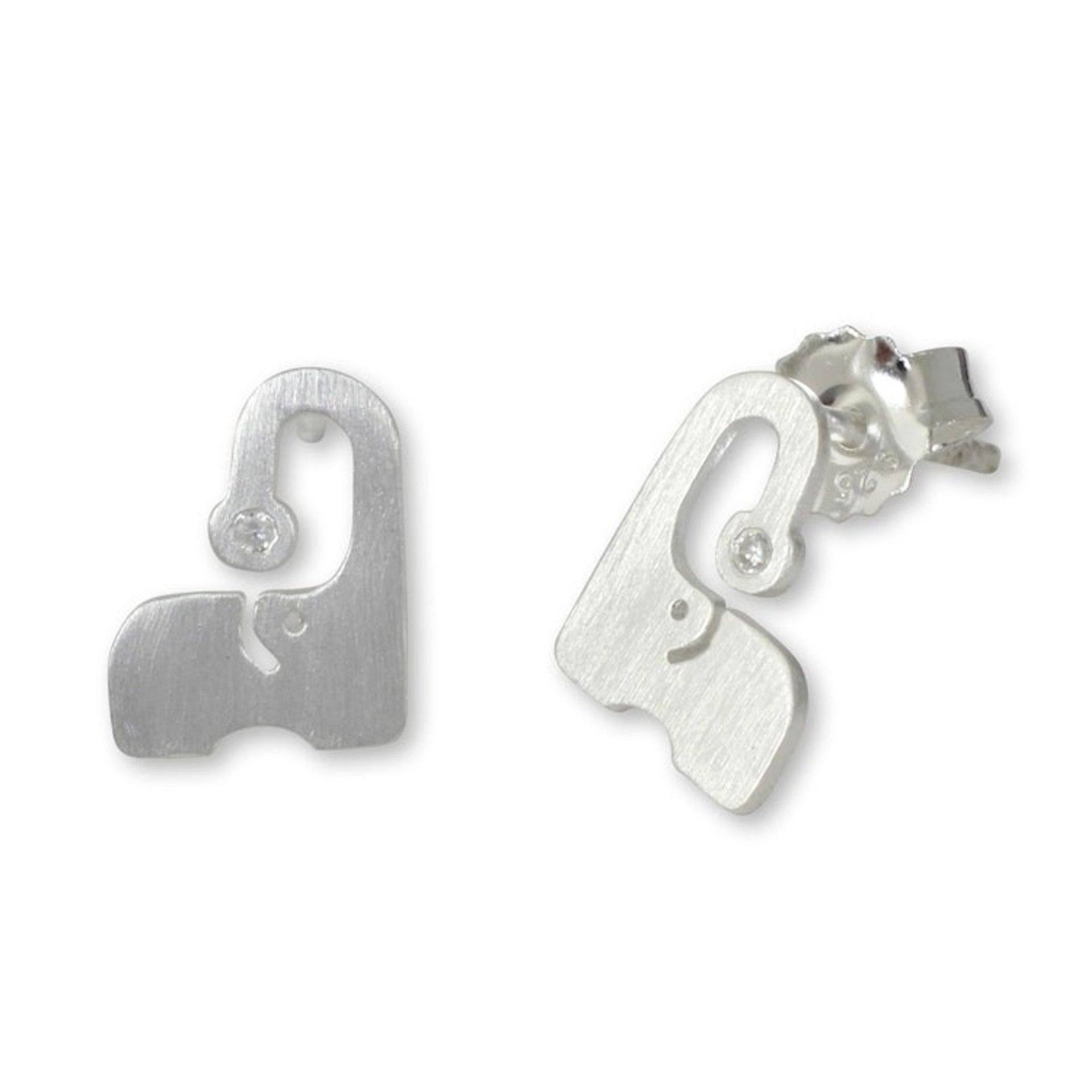 Thai Brushed Silver Elephant Button Earrings with CZ 'Elephants Sparkle'