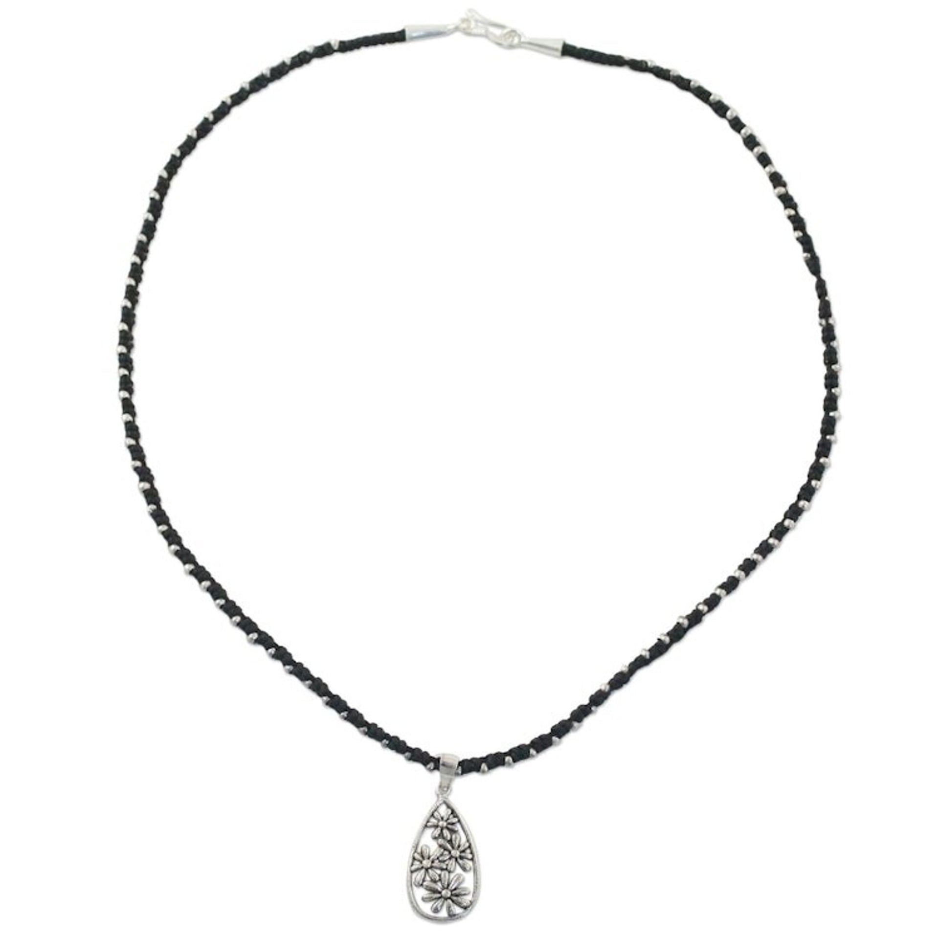 Floral Hill Tribe Silver Pendant Necklace from Thailand 'Floral Hill Tribe Drop'