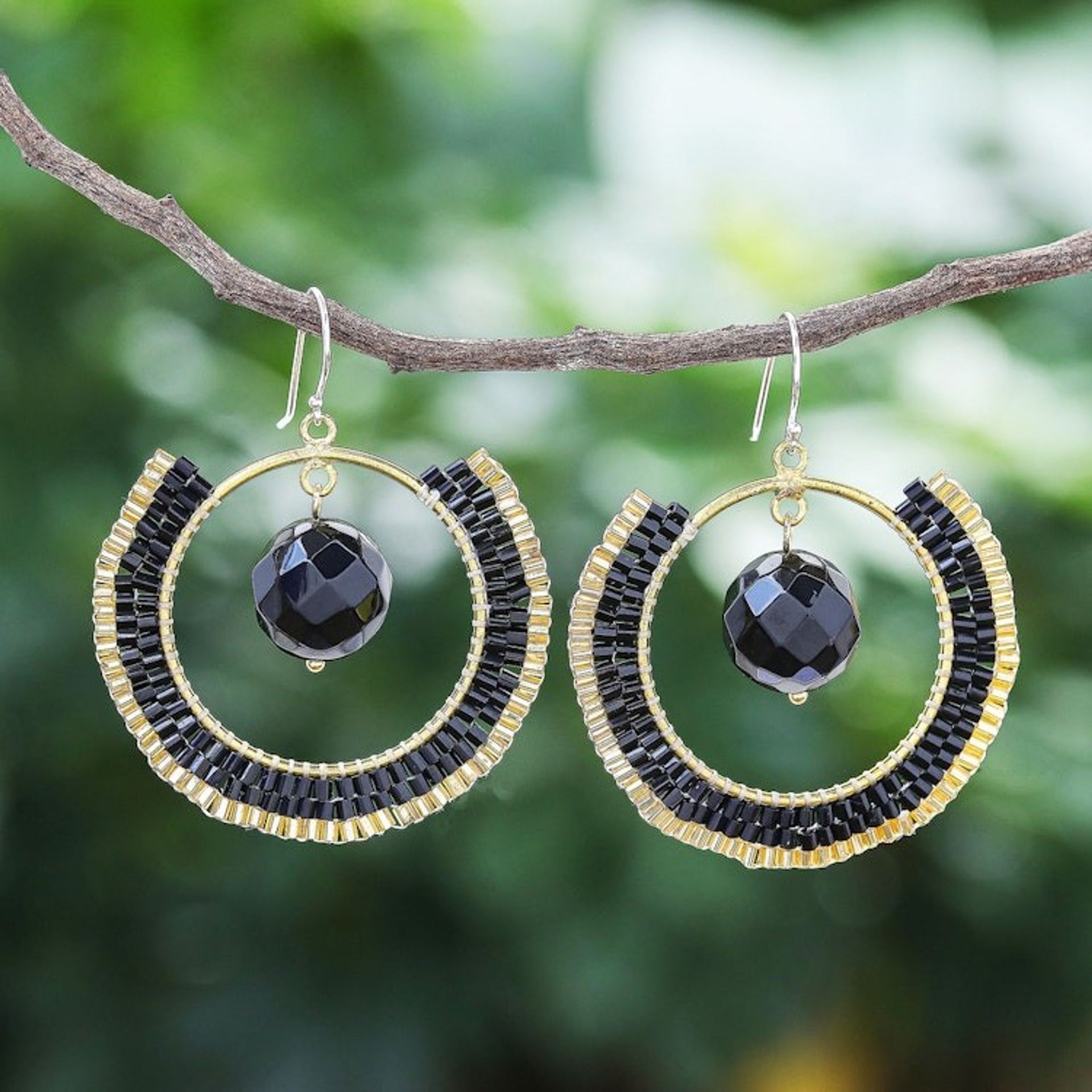 Handcrafted Glass Beaded Circle Earrings 'Universal Sun in Black'