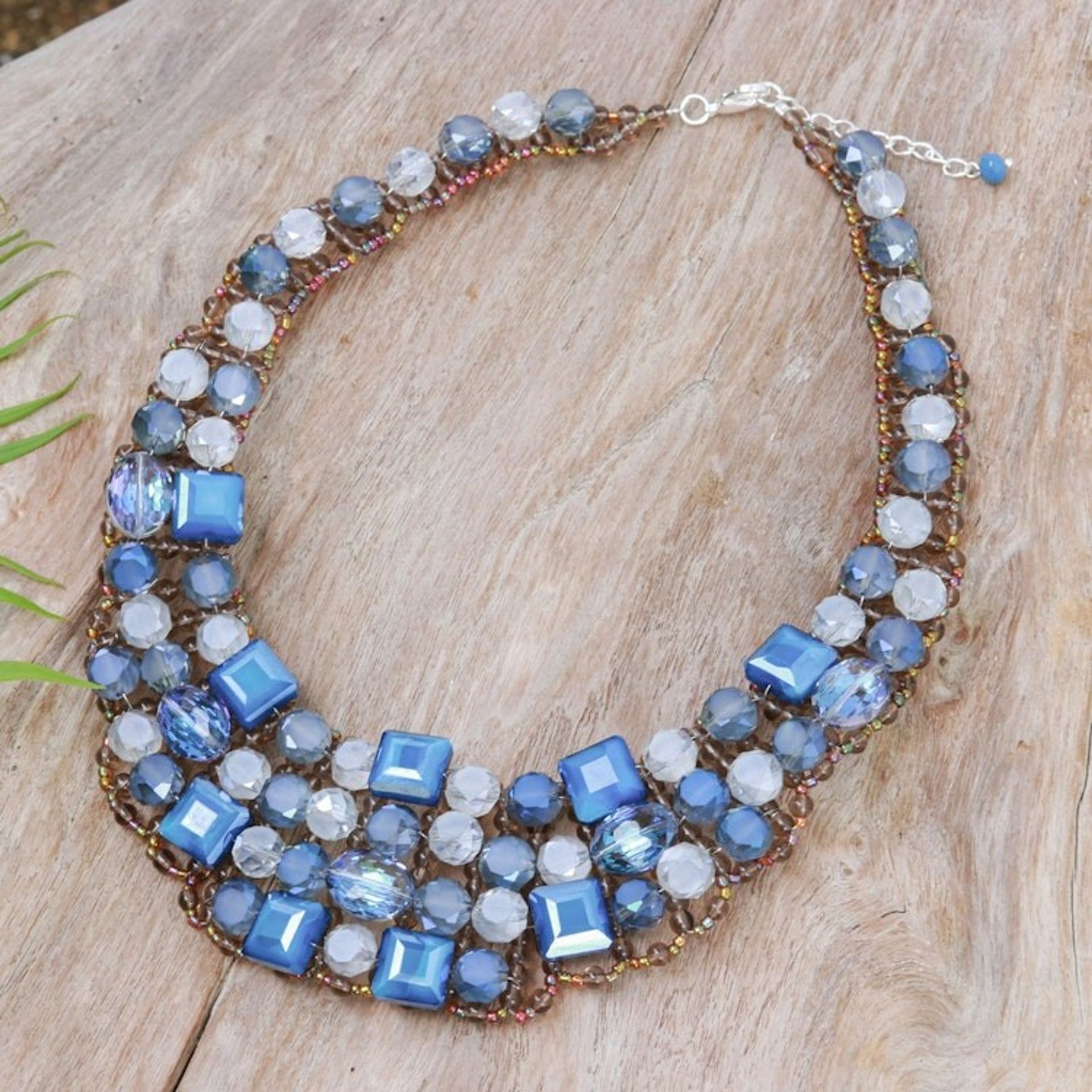 Blue Glass Beaded Choker Necklace Handmade in Thailand 'Crystallized Blue Nights'