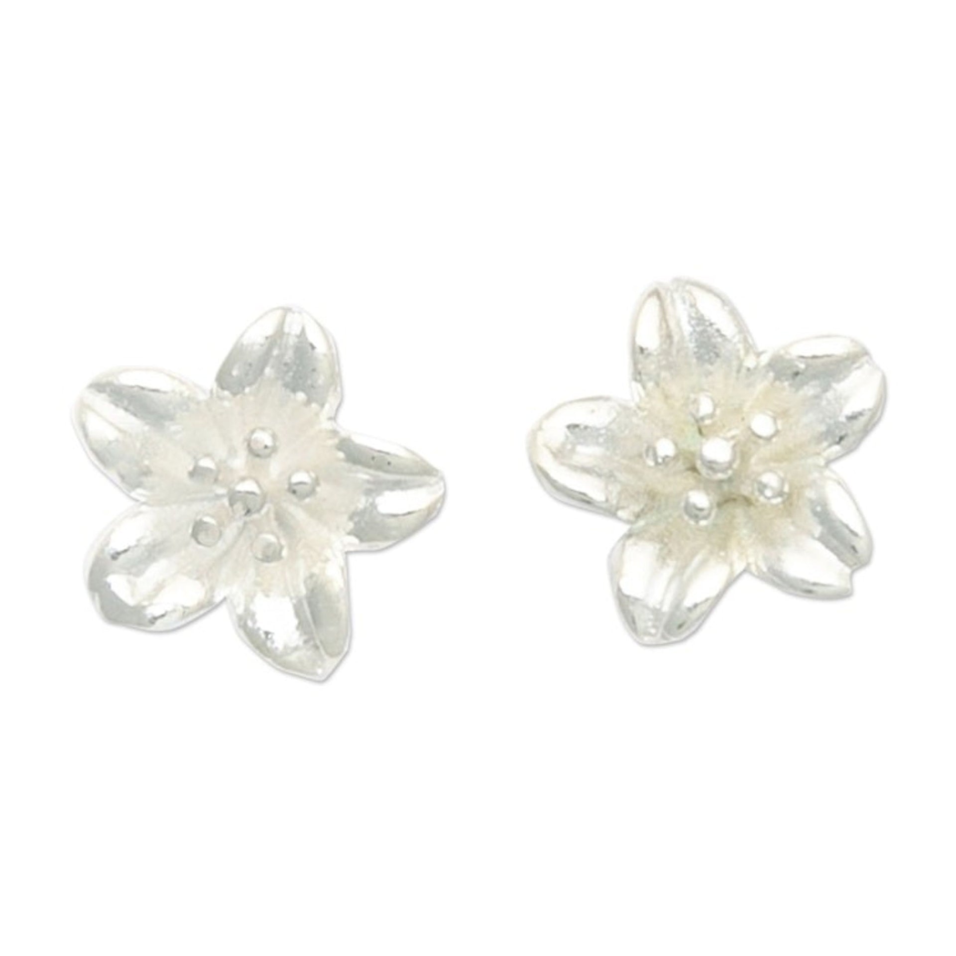 High-Polished Floral Sterling Silver Button Earrings 'Winter Frangipani'