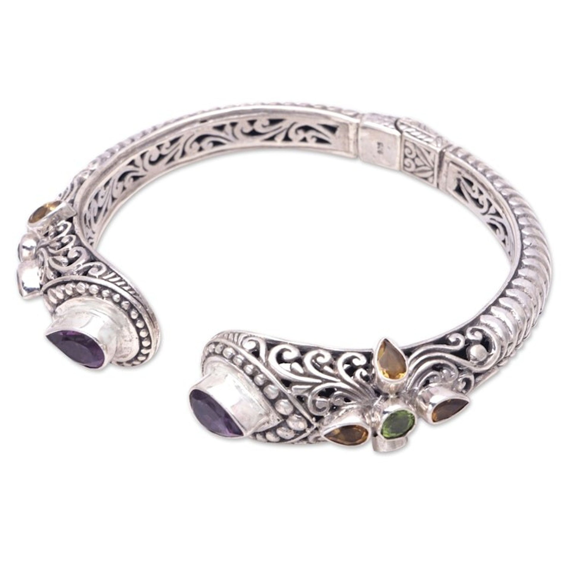 Balinese Multi-Gemstone Sterling Silver Cuff Bracelet 'Shining Woman'