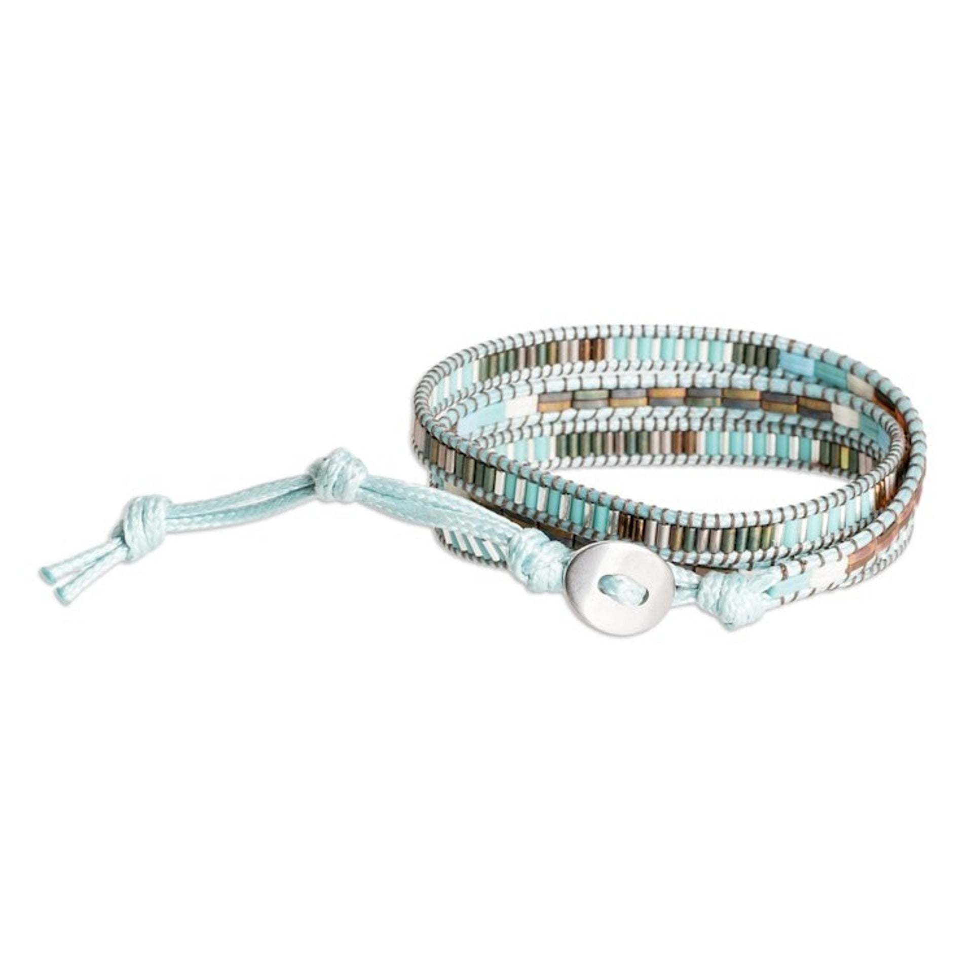 Handcrafted Sky Blue and Brown Glass Beaded Wrap Bracelet 'San Cristobal in Heaven'
