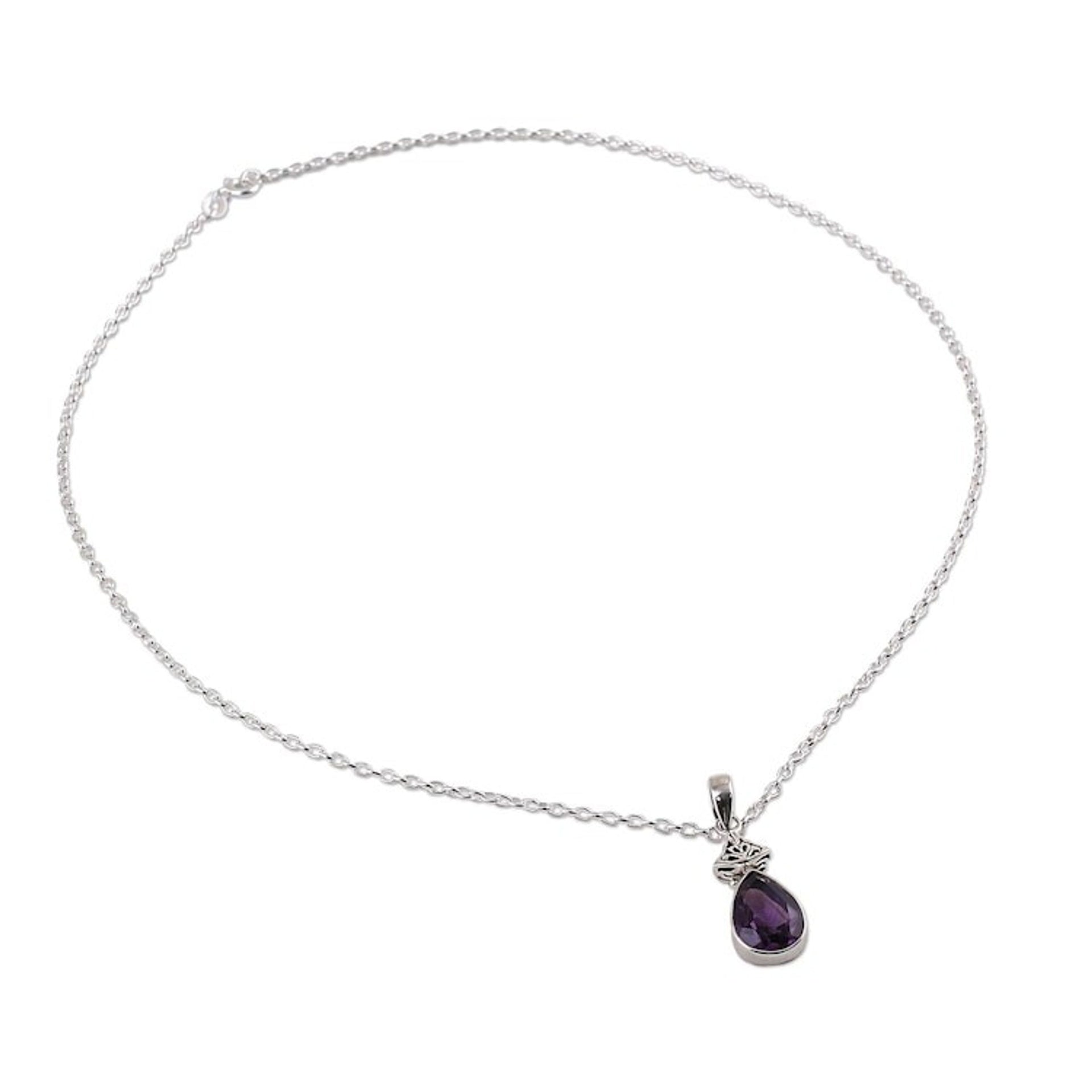 Faceted Amethyst and Sterling Silver Necklace from India 'Lavender Drop'