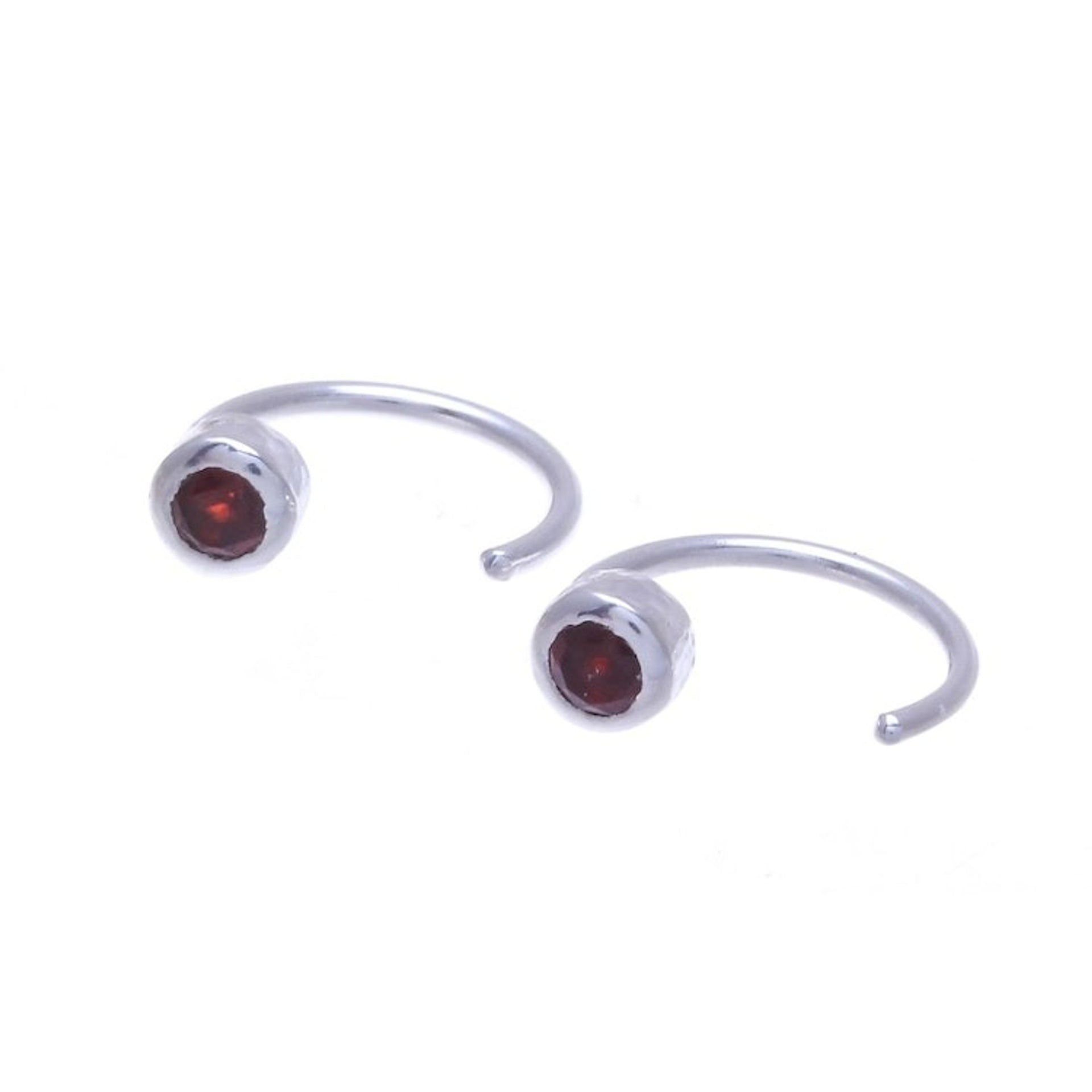 Petite Thai Sterling Silver Half-Hoop Earrings with Garnets 'Back to Front'