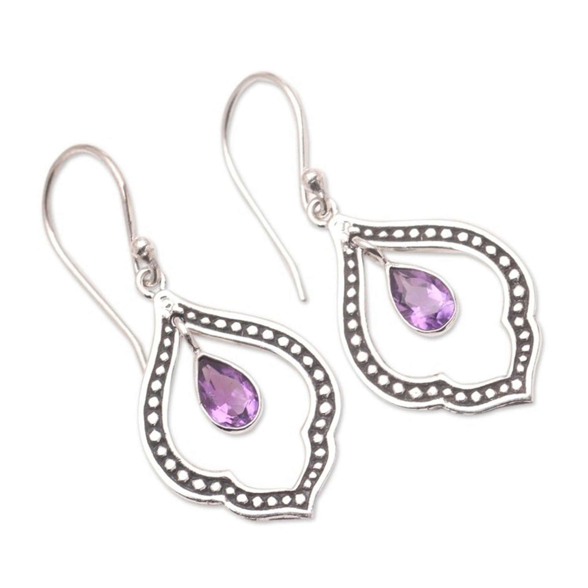Amethyst and Sterling Silver Dangle Earrings from Indonesia 'Framed Raindrop'