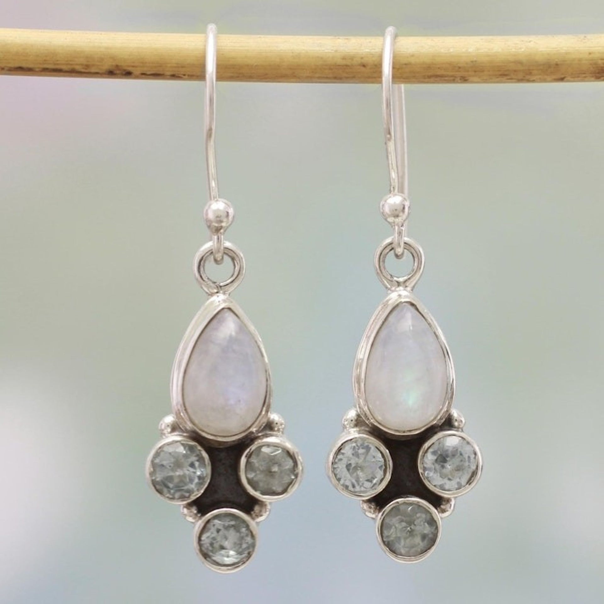 Blue Topaz and Rainbow Moonstone Dangle Earrings from India 'Enthralling Sky in Blue'