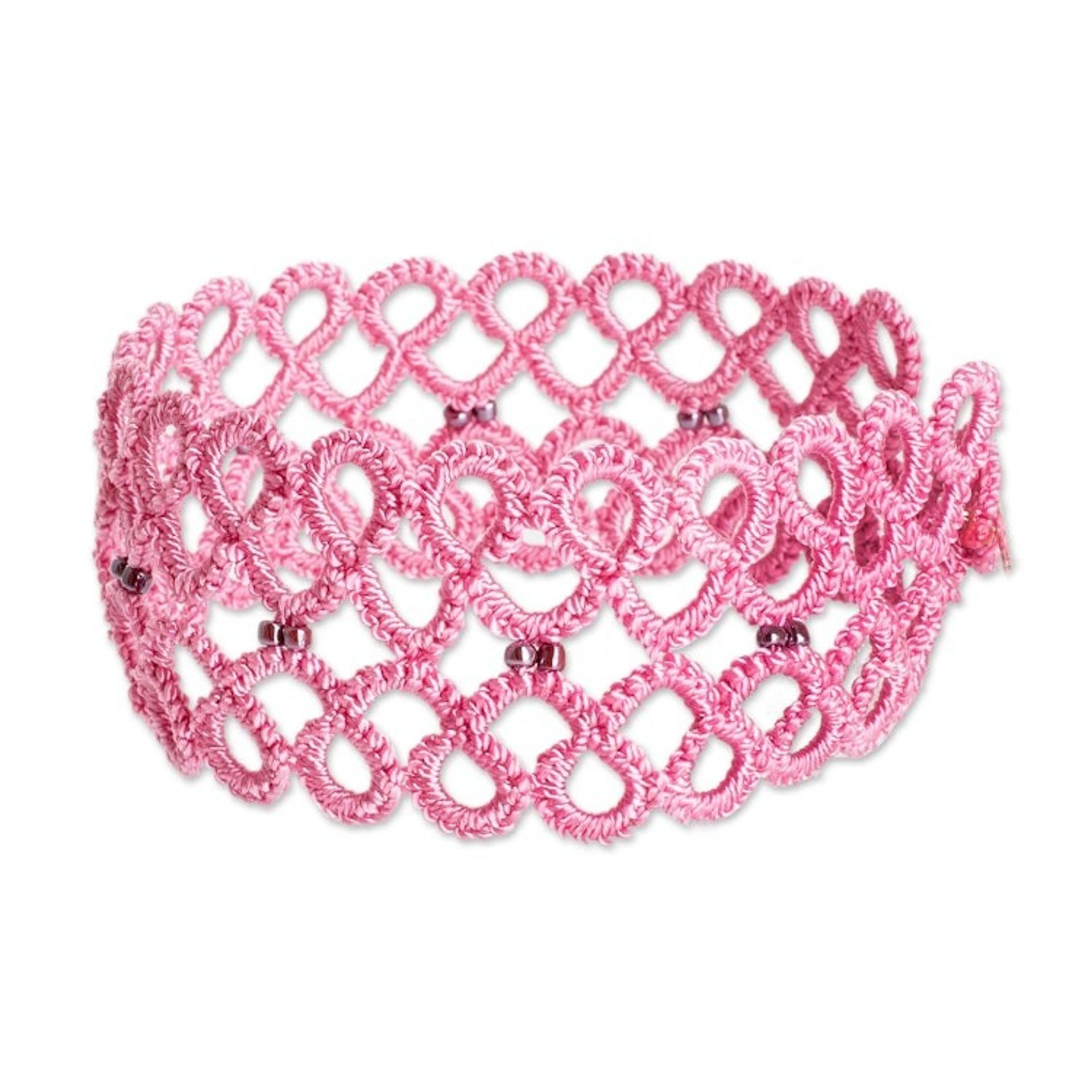 Handwoven Pink Wristband Bracelet with Glass Beads 'Gleams of Sweetness'