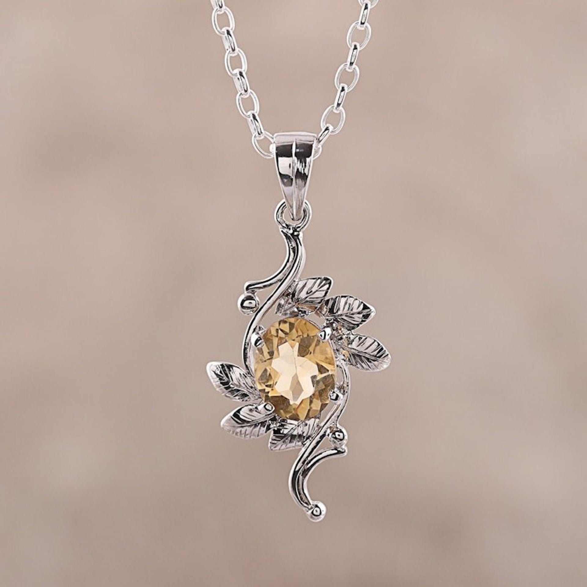 Leaf Motif Rhodium Plated Citrine Pendat Necklace from India 'Forest Radiance'