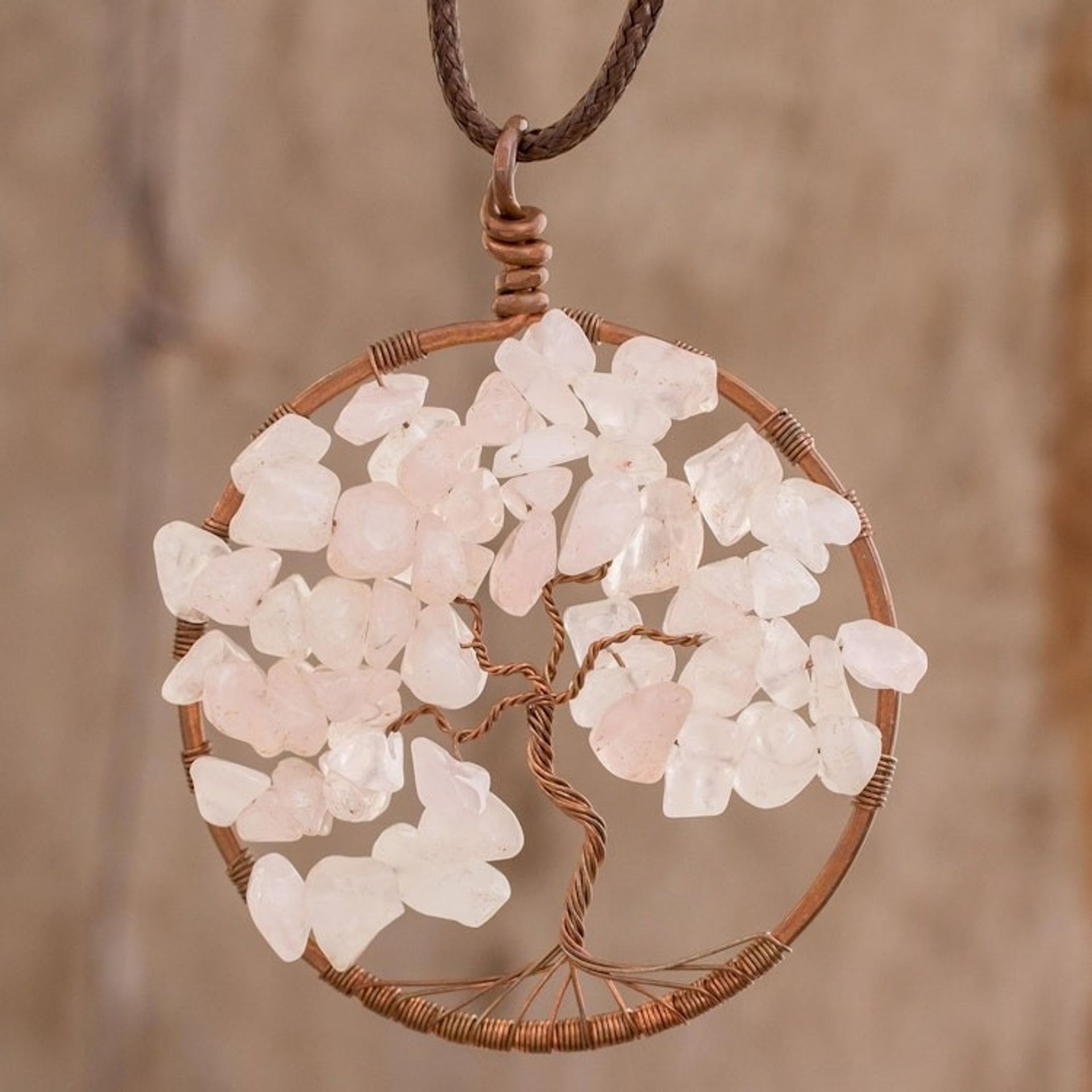 Rose Quartz Gemstone Tree Pendant Necklace from Costa Rica 'Taurus Tree of Life'