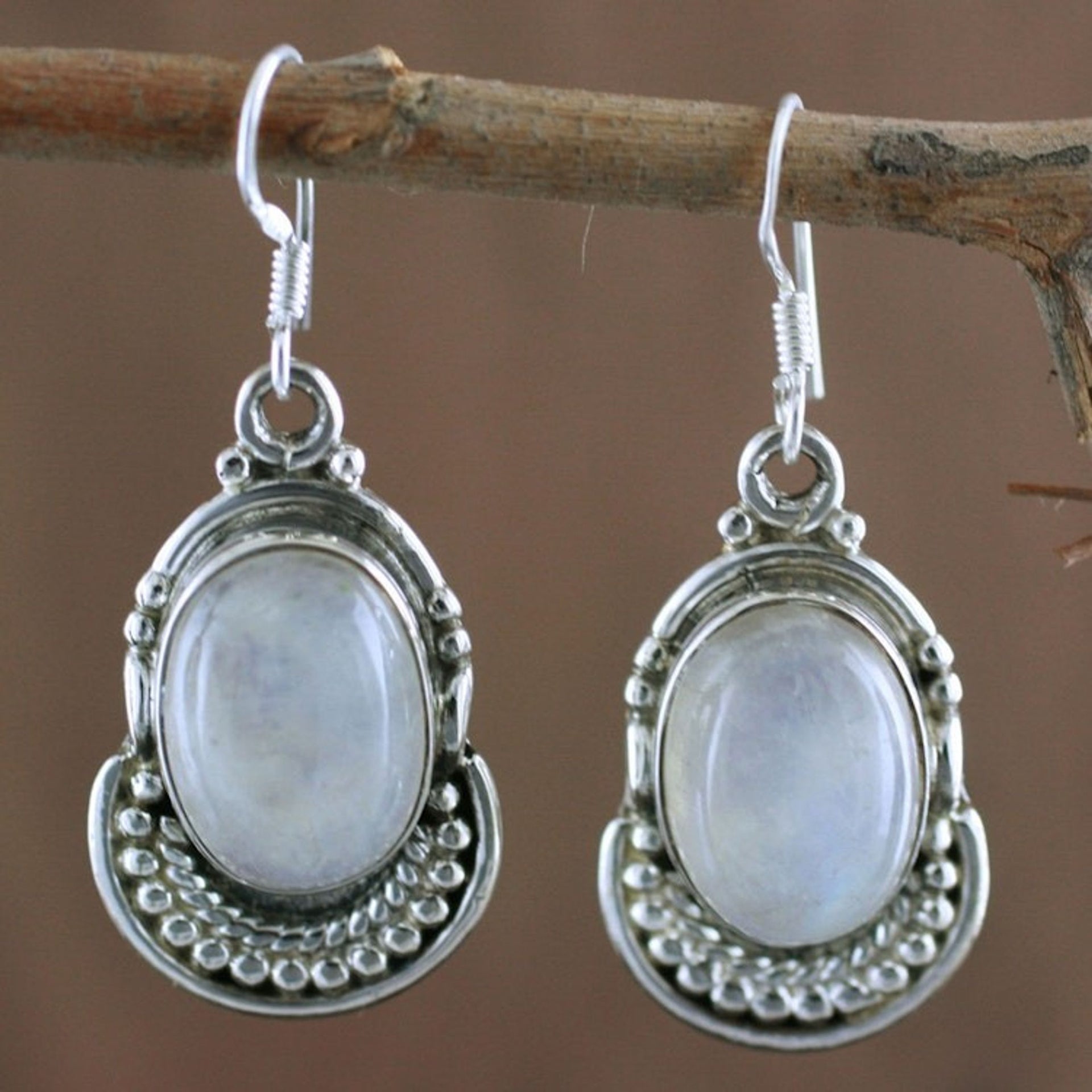 Moonstone and Sterling Silver Dangle Earrings 'Rainbow Ice'