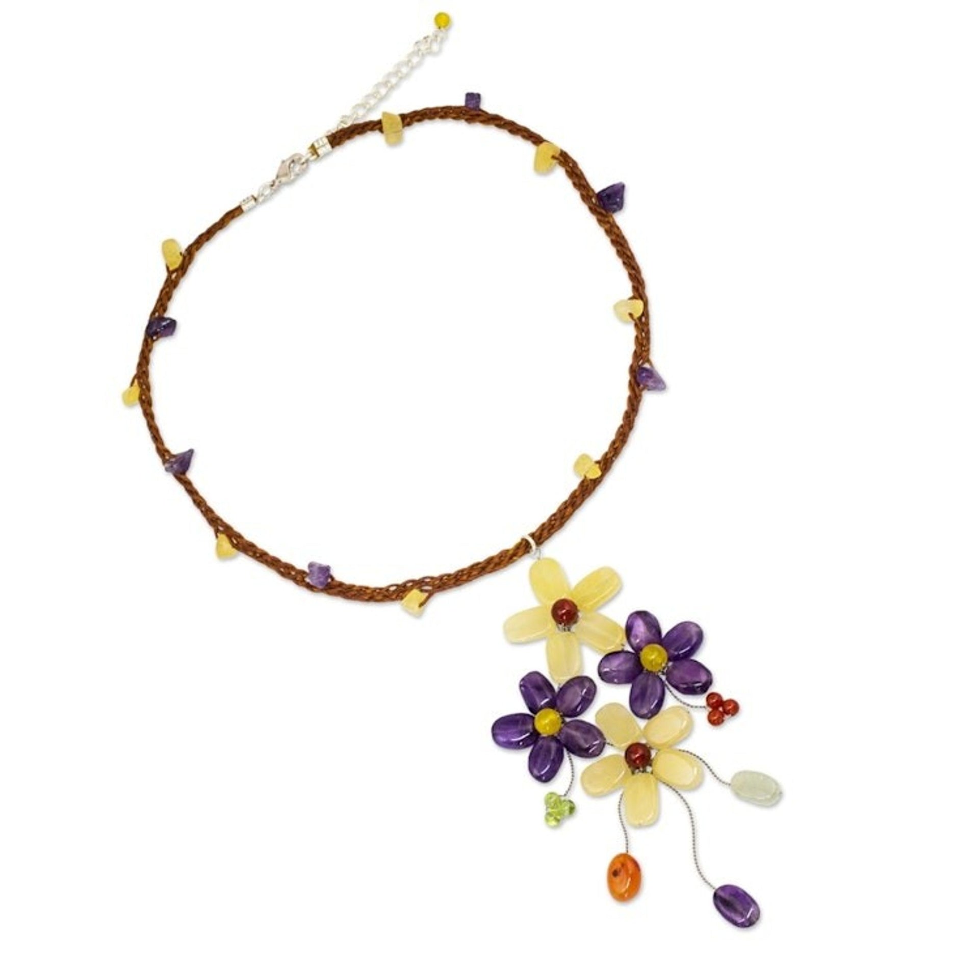 Artisan Crafted Multi-gemstone Flower Necklace 'Twilight Bouquet'