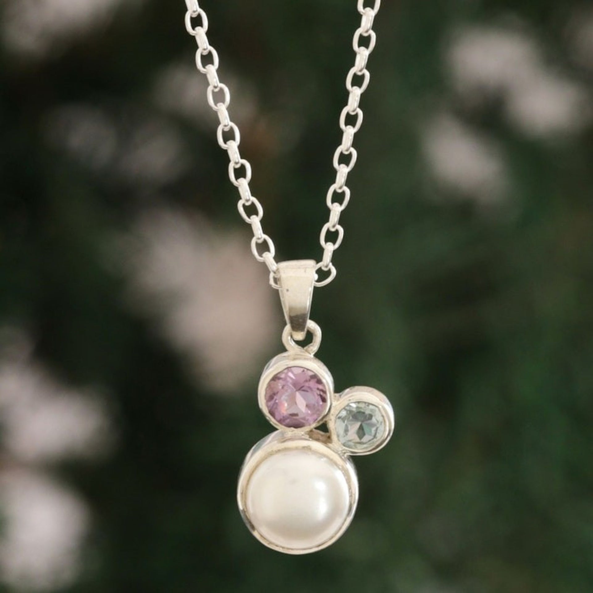 Pearl Amethyst Blue Topaz Sterling Silver Pendant Necklace 'Triple Splendor'