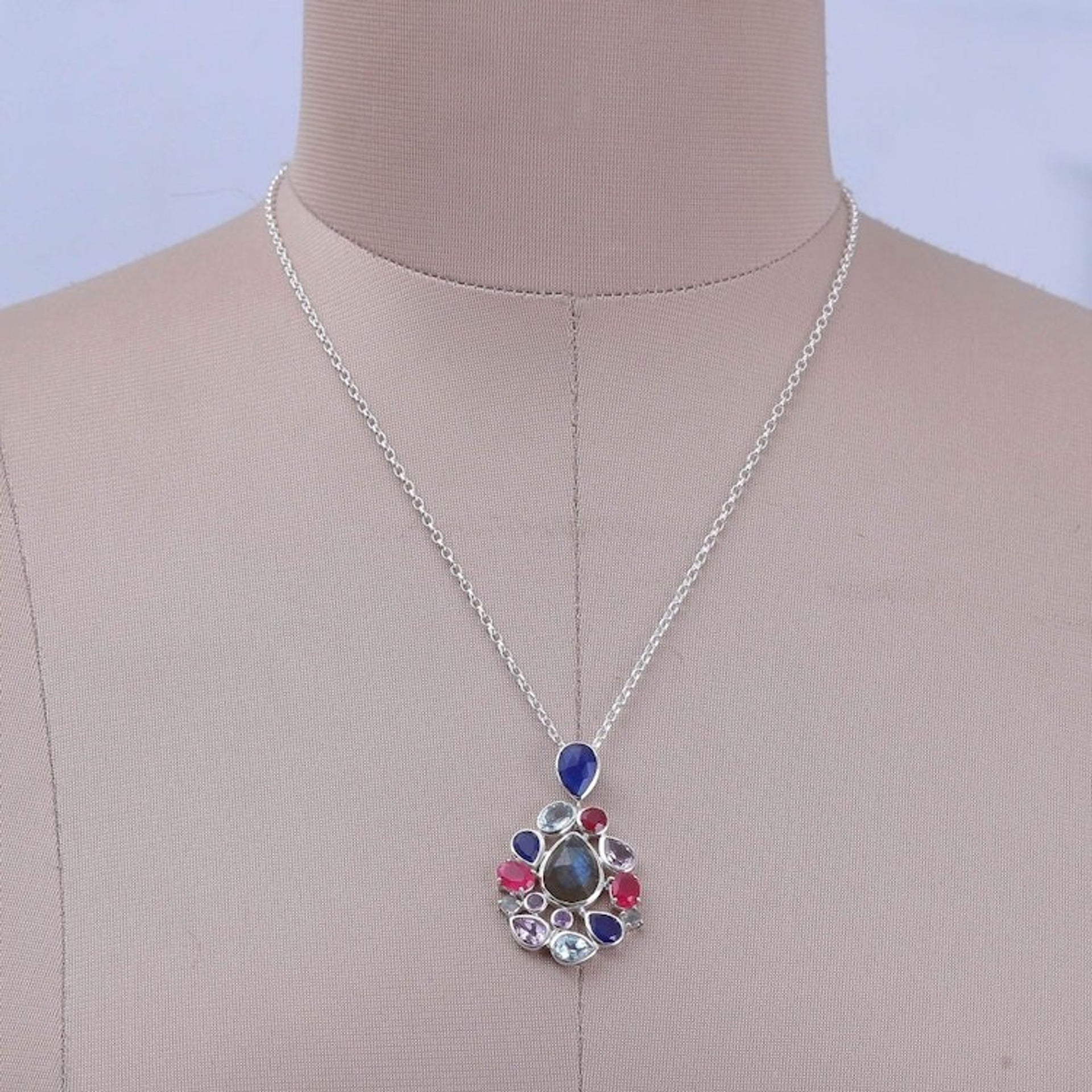 Labradorite Quartz Amethyst and Blue Topaz Pendant Necklace 'Blissful Glam'
