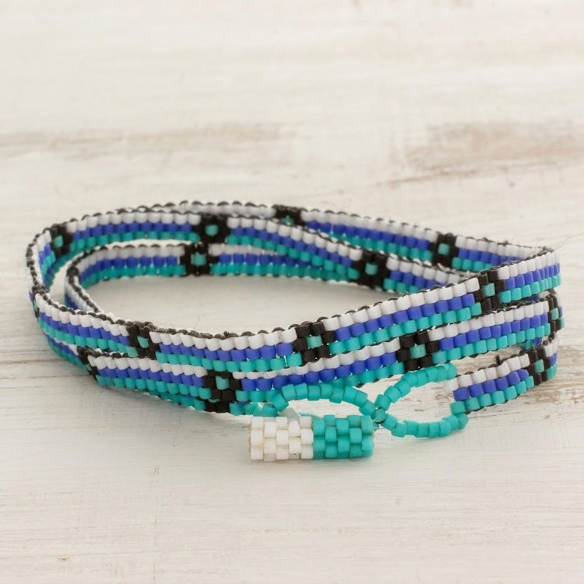 Blue and Black Flower and Stripes Beaded Wrap Bracelet 'Ocean Blooms'
