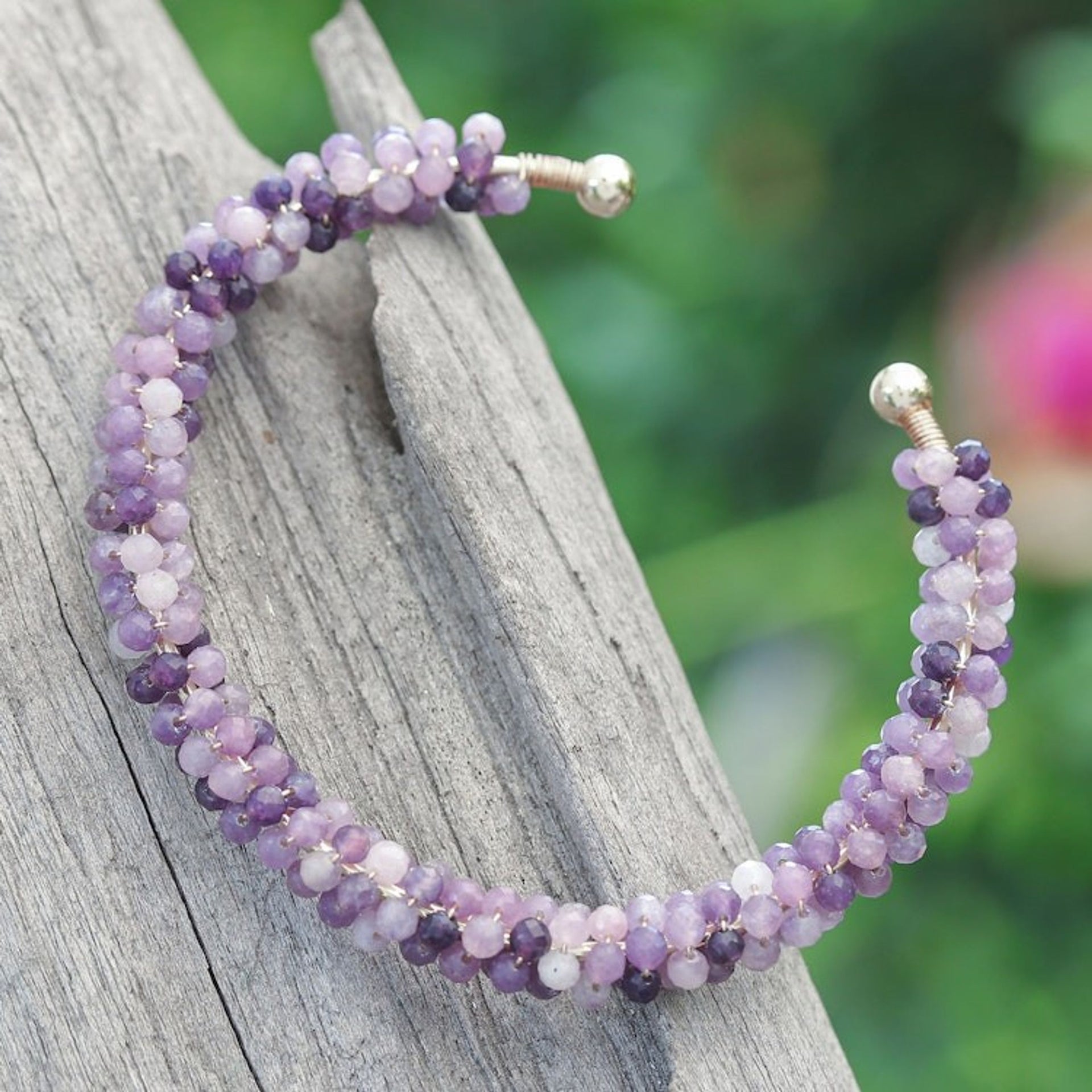 Amethyst Brass and Copper Wire Beaded Cuff Bracelet 'Remarkable Beauty'