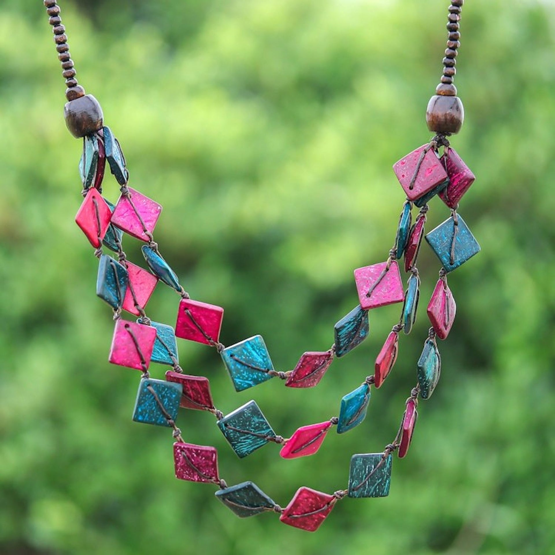 Pink and Turquoise and Coconut Shell Beaded Strand Necklace 'Dreamy Diamonds'