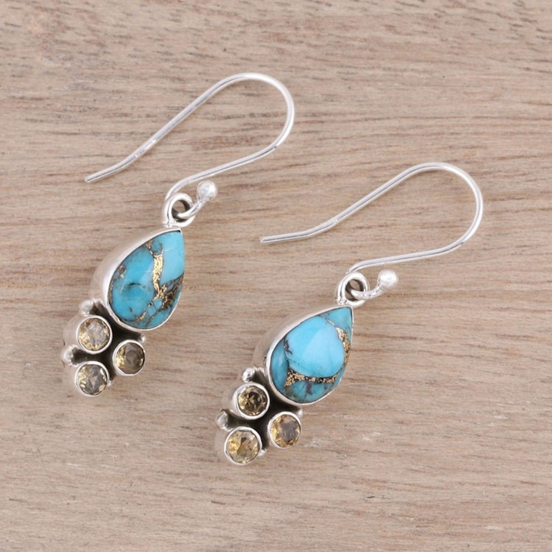 Citrine and Composite Turquoise Dangle Earrings from India 'Sunny Dew'