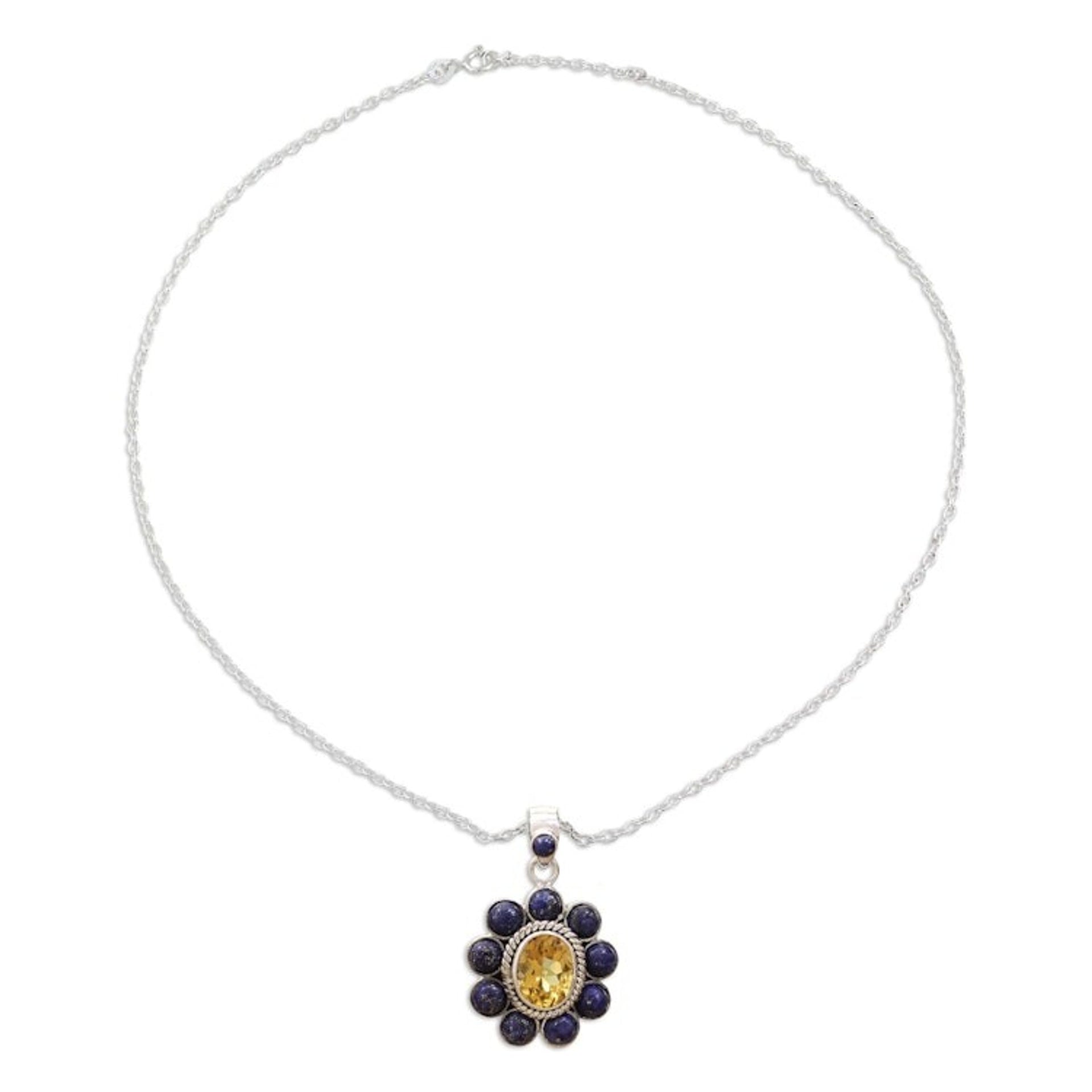 Citrine Lapiz Lazuli Sterling Silver Necklace NOVICA India 'Sunny Blue'