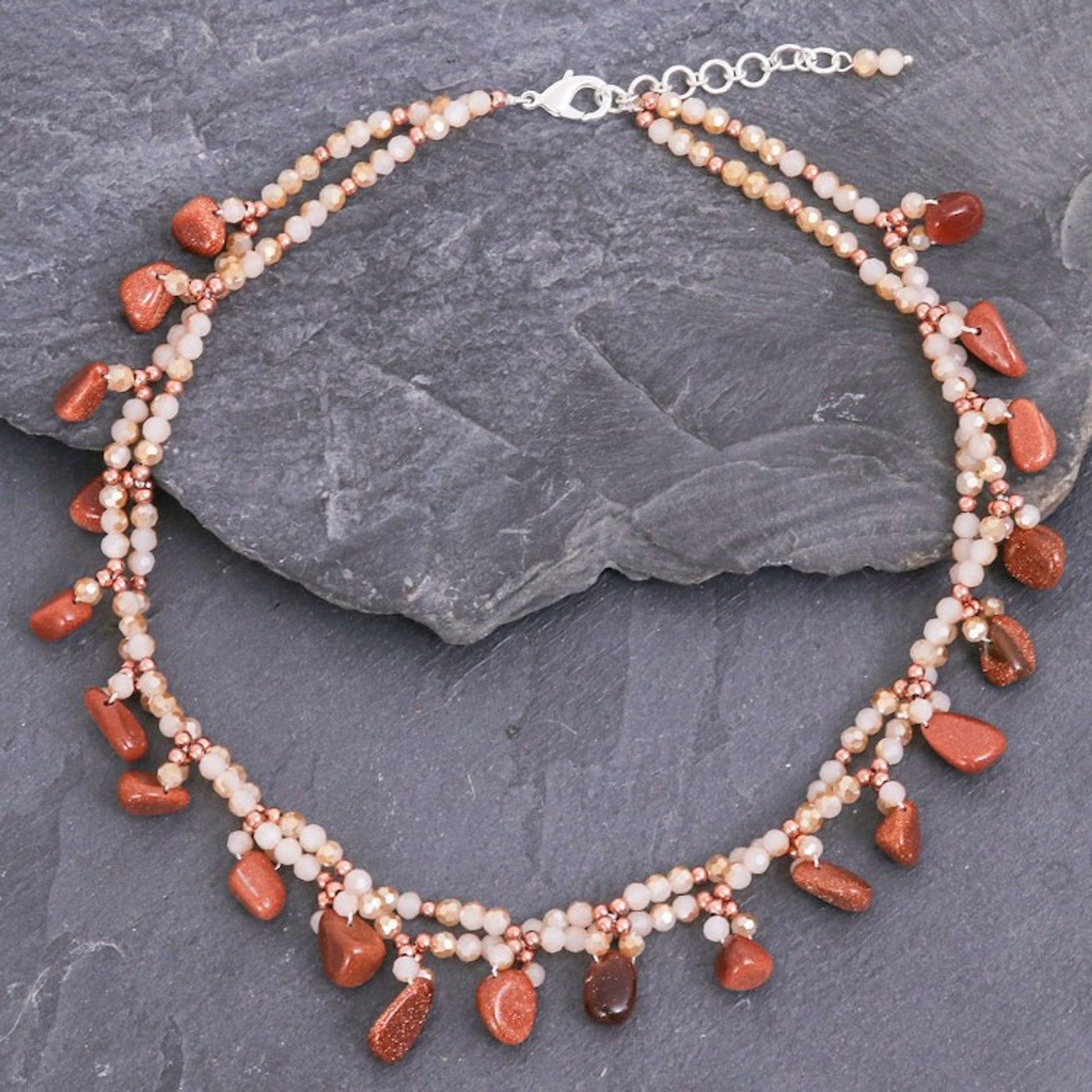 Goldstone Beaded Necklace with Silver-Plated Extender 'Wonderful Orange'