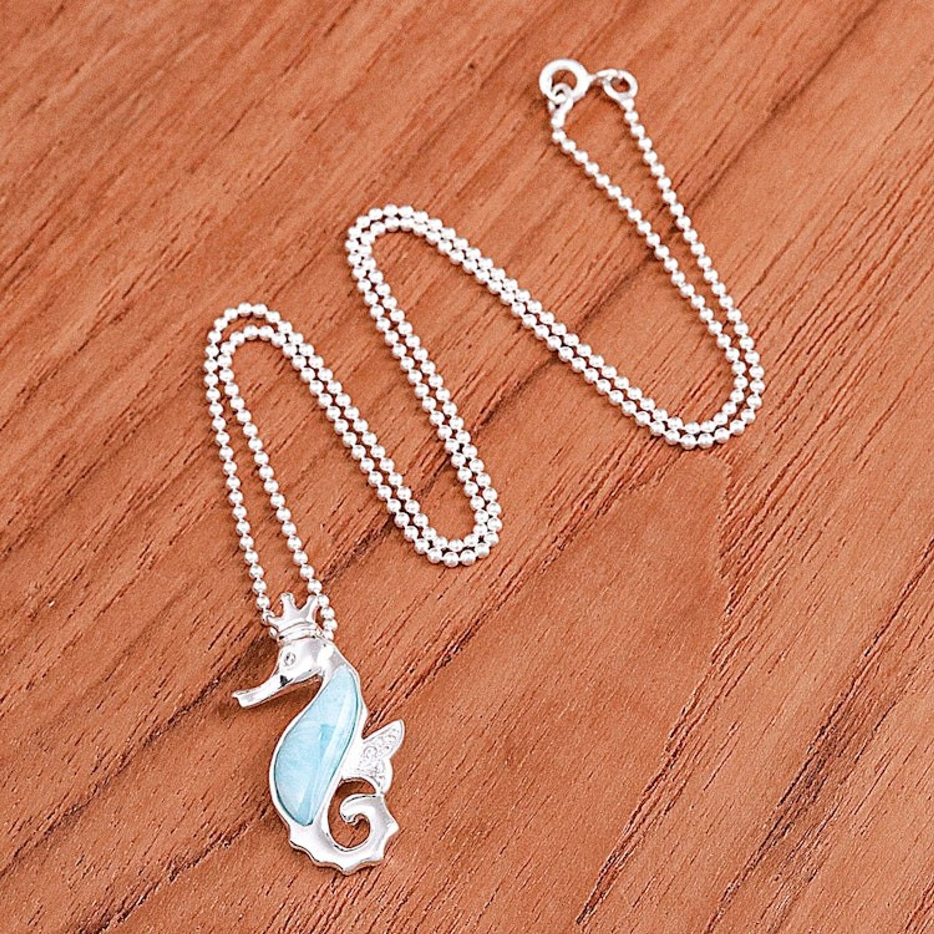 Larimar Cubic Zirconia Silver Seahorse Pendant Necklace 'Seahorse Sparkle'