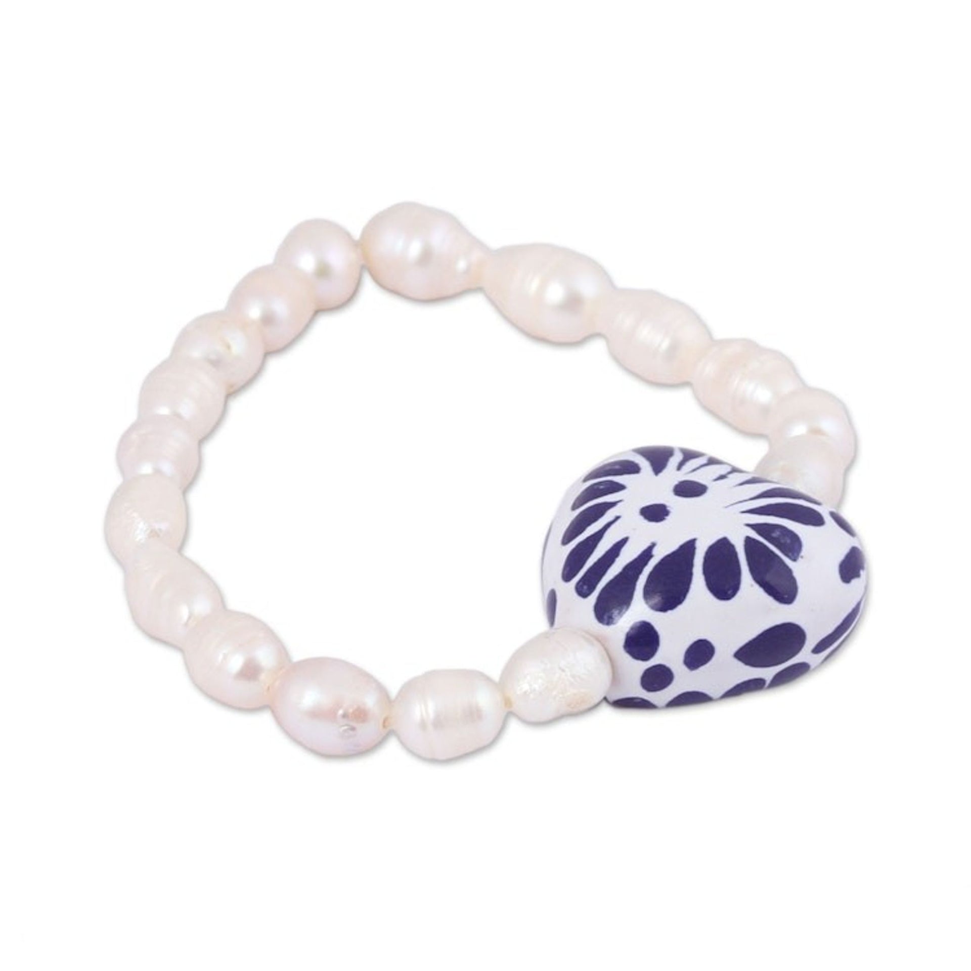 Ceramic and Pearl Heart Beaded Stretch Bracelet from Mexico 'Ethereal Delight'