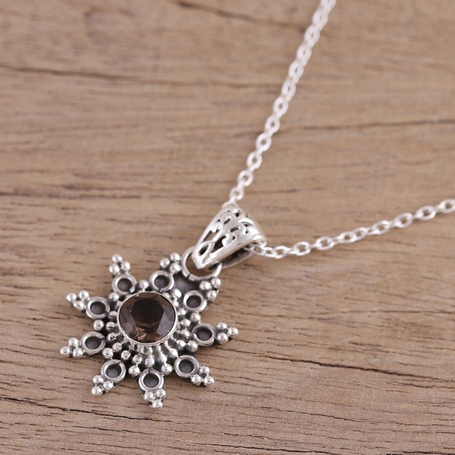 Smoky Quartz and Sterling Silver Pendant Necklace from India 'Astral Allure'