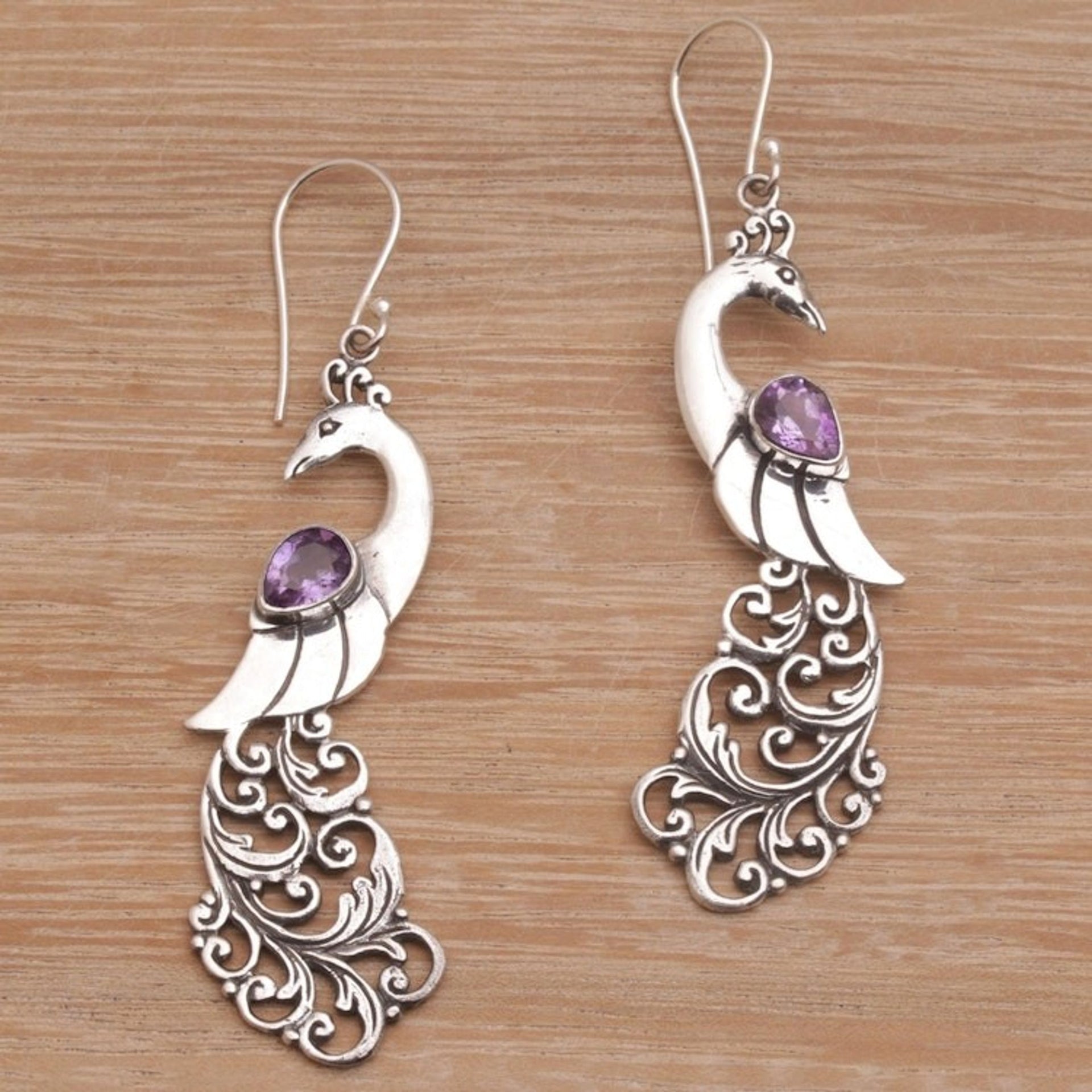Amethyst and Sterling Silver Peafowl Dangle Earrings 'Merak'