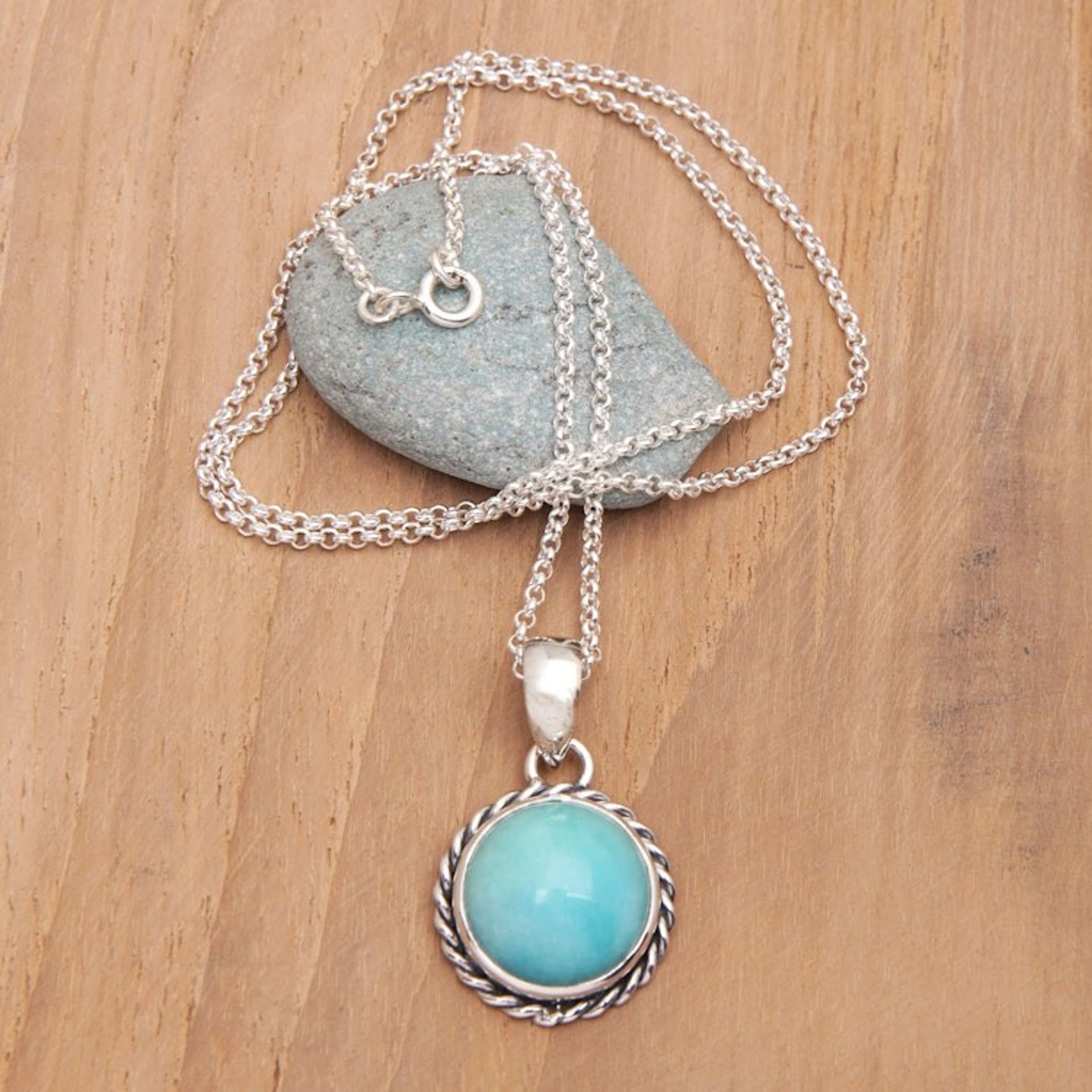 Sterling Silver Pendant Necklace with Amazonite Cabochon 'Successful Destiny'