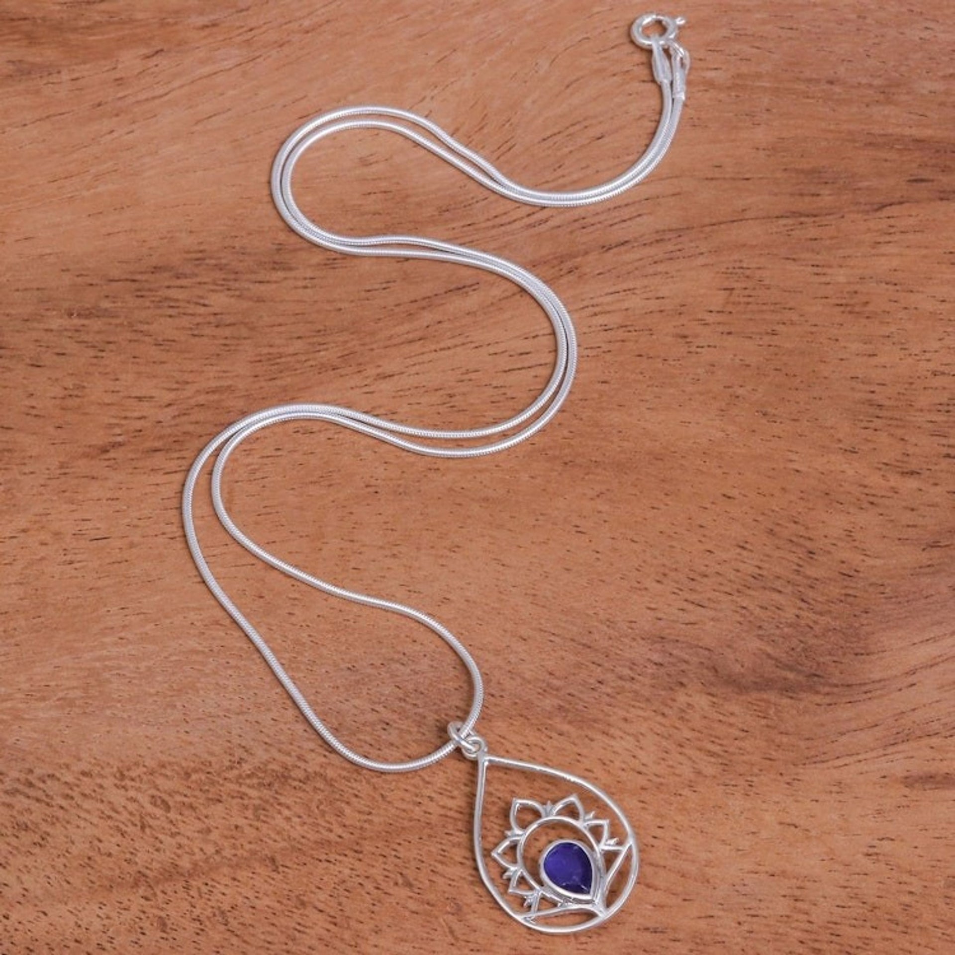 Blue Sillimanite and Sterling Silver Pendant Necklace 'Sense of Calm in Blue'