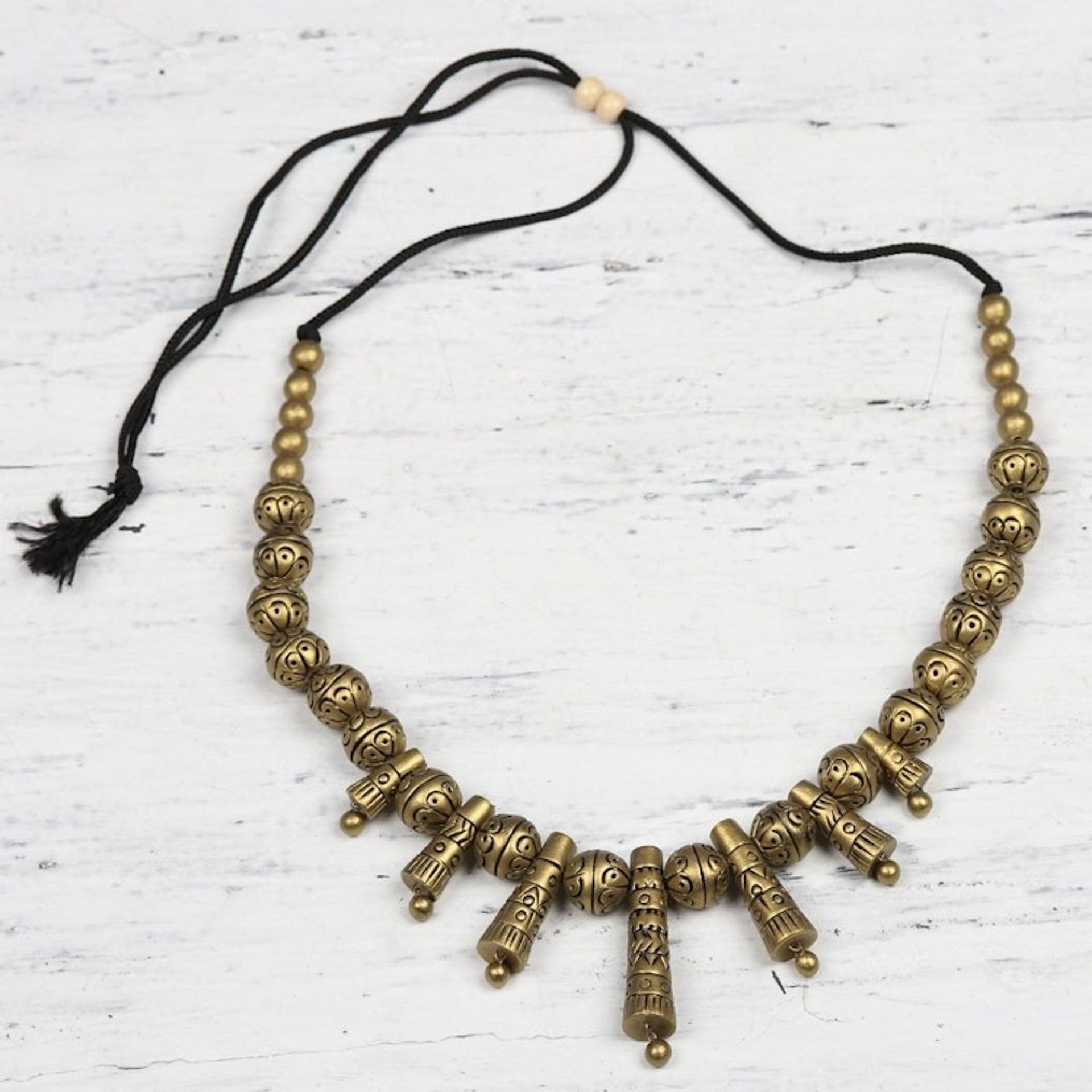 Hand-Painted Golden Sun Ceramic Adjustable Beaded Necklace 'Gold Sun'