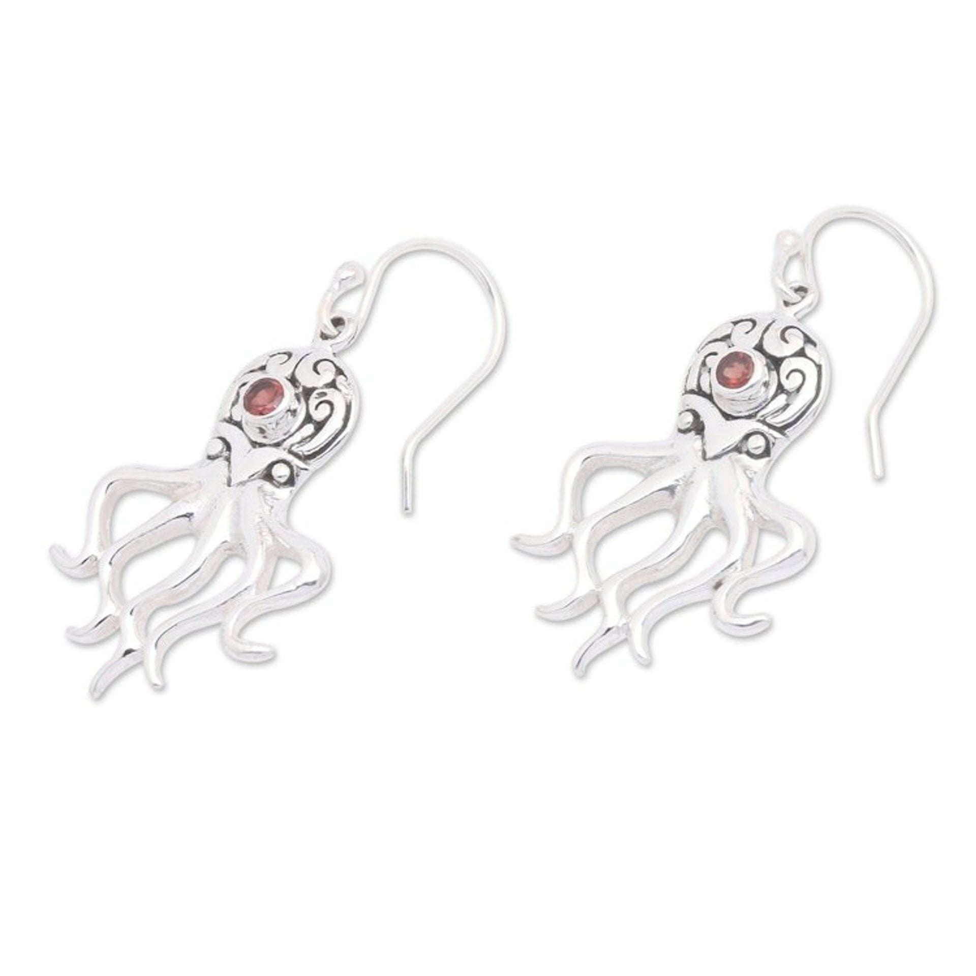 Sterling Silver Octopus Dangle Earrings with Garnet Stones 'Ocean Octopus in Red'