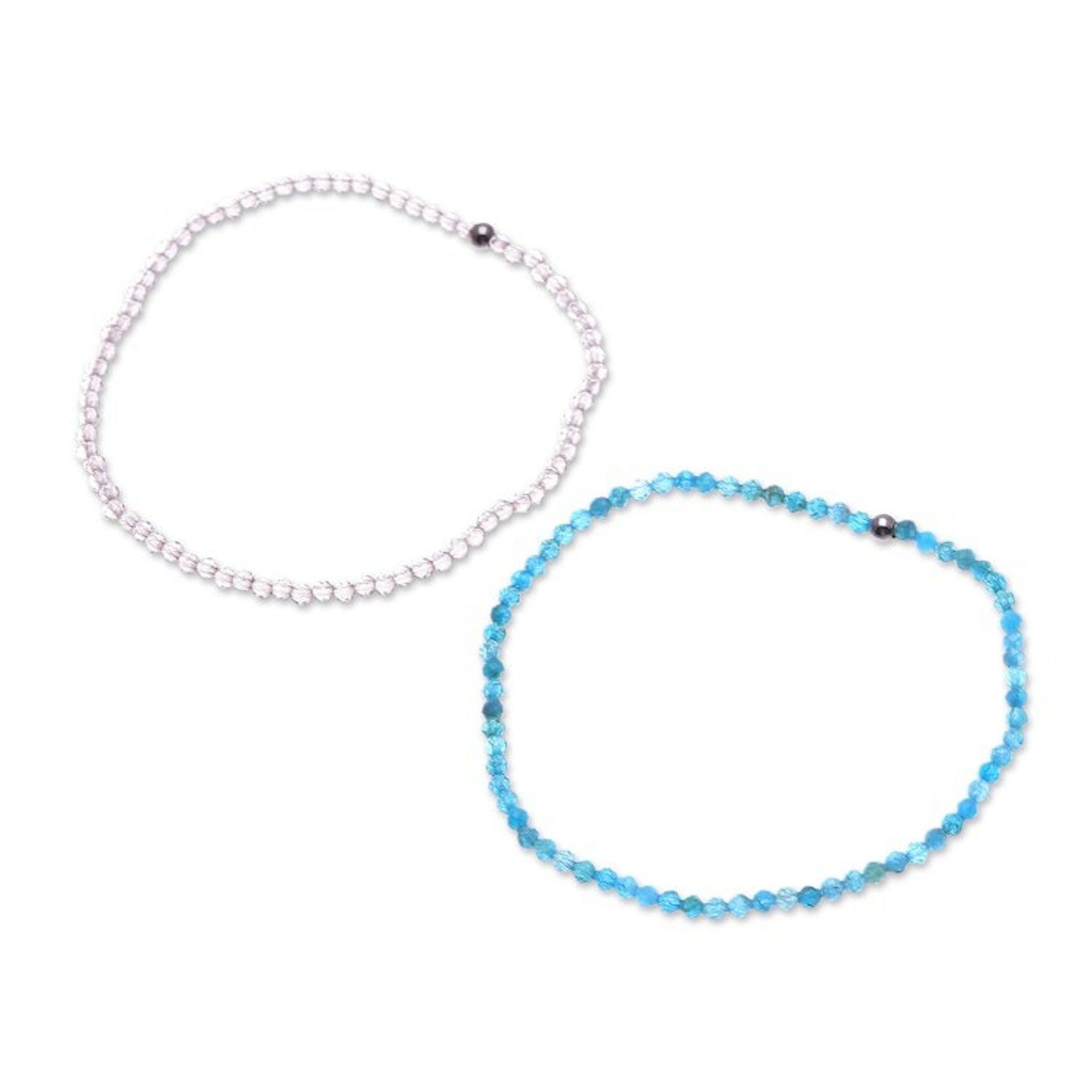 2 Handmade Apatite and Smoky Quartz Beaded Stretch Bracelets 'Double Chic'